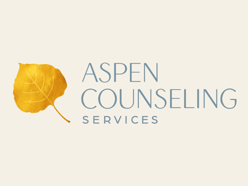 Aspen Counseling Services logo featuring a golden yellow aspen leaf icon next to gray text on a cream background