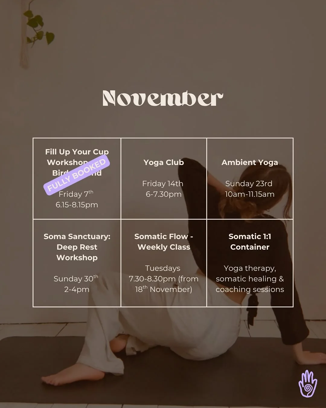 November Offerings 🌹

Workshops, 1:1&rsquo;s &amp; classes - all served with so much love.

Links in bio to book &uarr;

.
.
.

#yoganottingham #nottinghamyoga #nottinghamevents #therapeuticyoga #traumainformedyoga #somatichealing