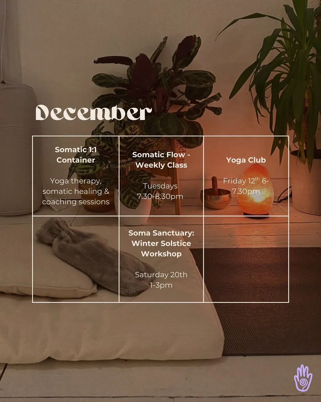So it&rsquo;s December 🎄👀 

Here&rsquo;s all the ways we can work and practice together this month - spaces for tending to your body, heart and mind after a big year, to honour and trust in your journey 𖦹

Links to book your place in bio &uarr;

M