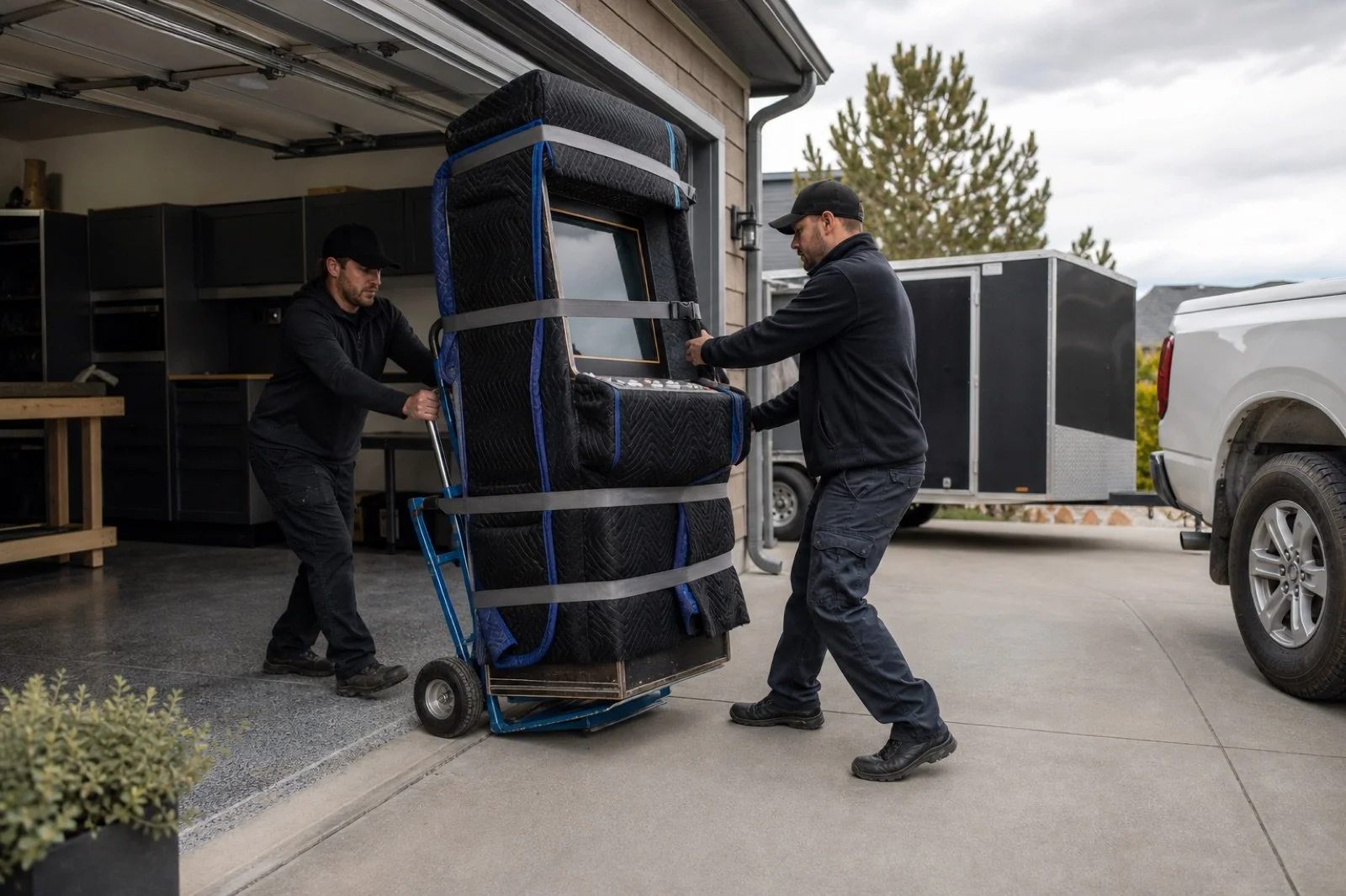 Two people moving a blanket-wrapped arcade cabinet on a hand truck beside an enclosed trailer.