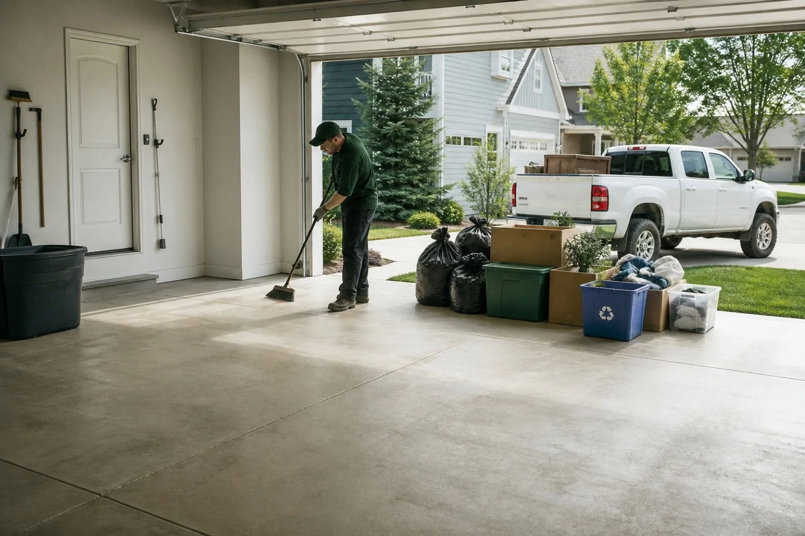 A person sweeping a garage with sorted contents ready for removal.