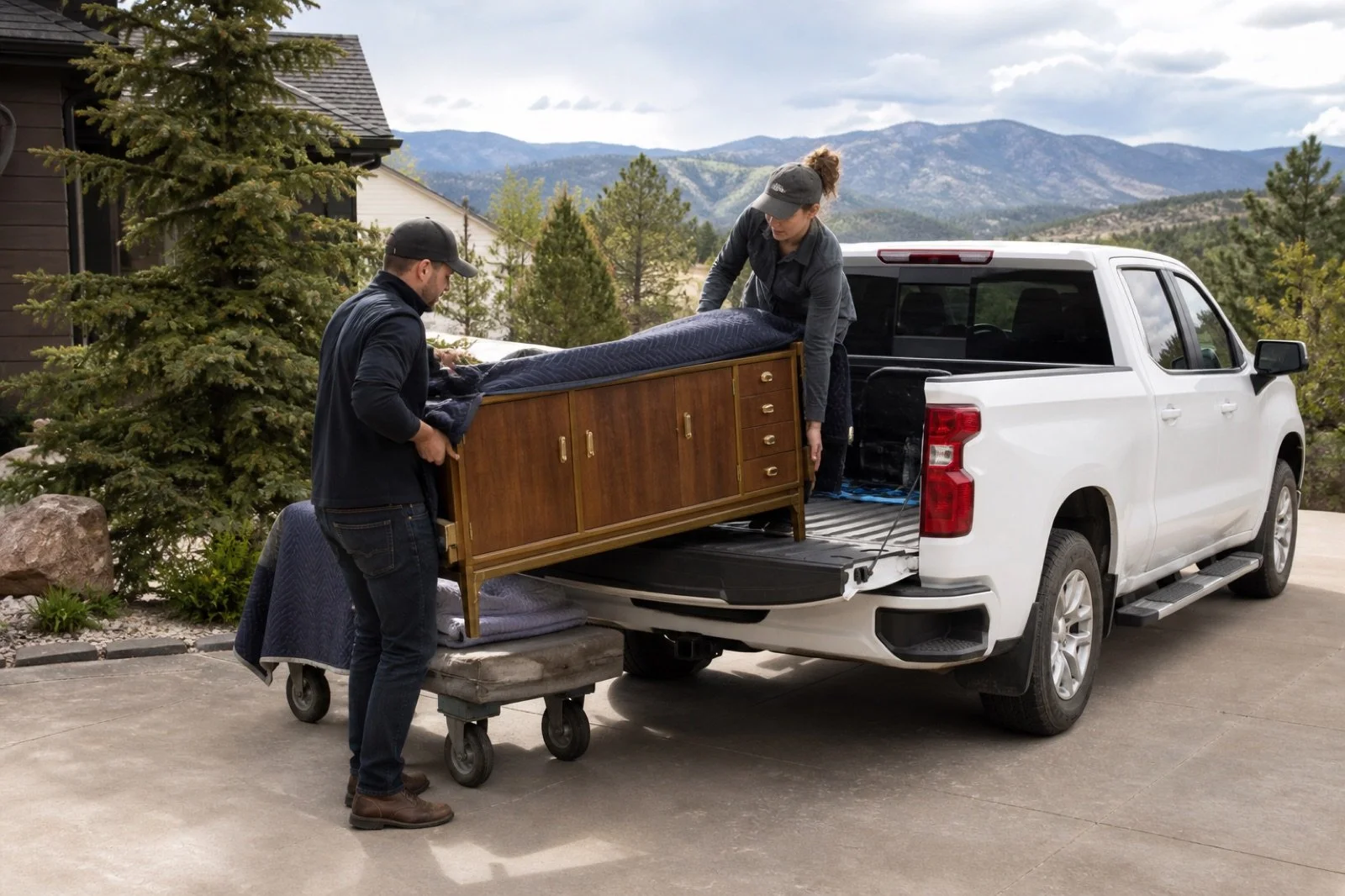 Two people handling a blanket-protected wooden cabinet beside a pickup truck.