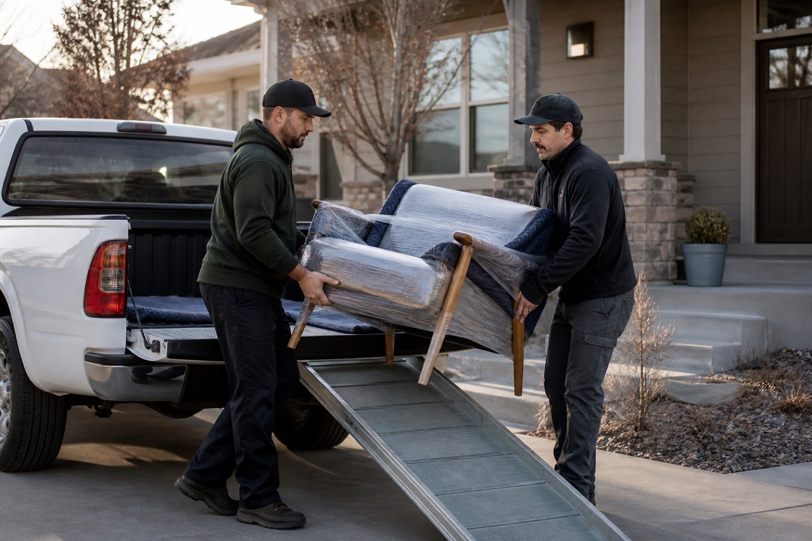 Two people carrying a protected armchair from a pickup truck toward a home.
