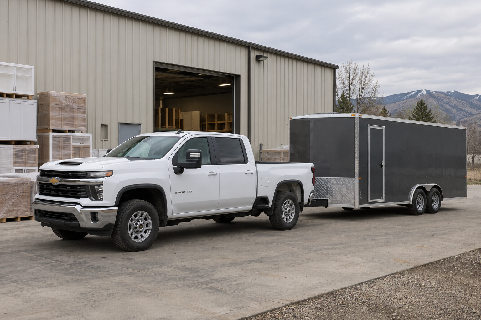 Illustrative commercial transport scene: a white Chevrolet 2500 HD with an enclosed cargo trailer outside a cabinetry supplier.