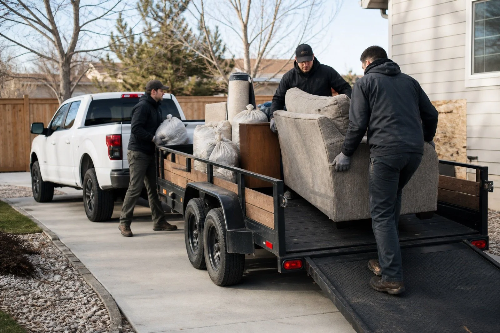 People loading a sofa and household items onto a utility trailer.