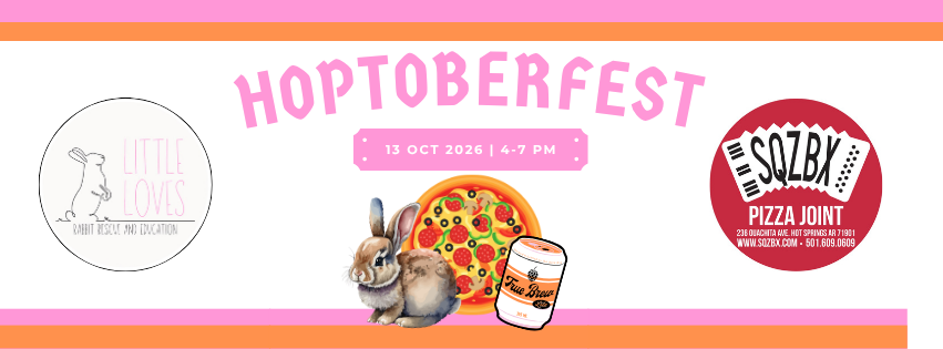 Event banner for Hoptoberfest on October 13, 2026, from 4 to 7 PM, featuring Little Loves Rabbit Rescue and Education, and Sozby Pizza Joint logo with a pizza, a beer can, a rabbit, and a pizza slice.