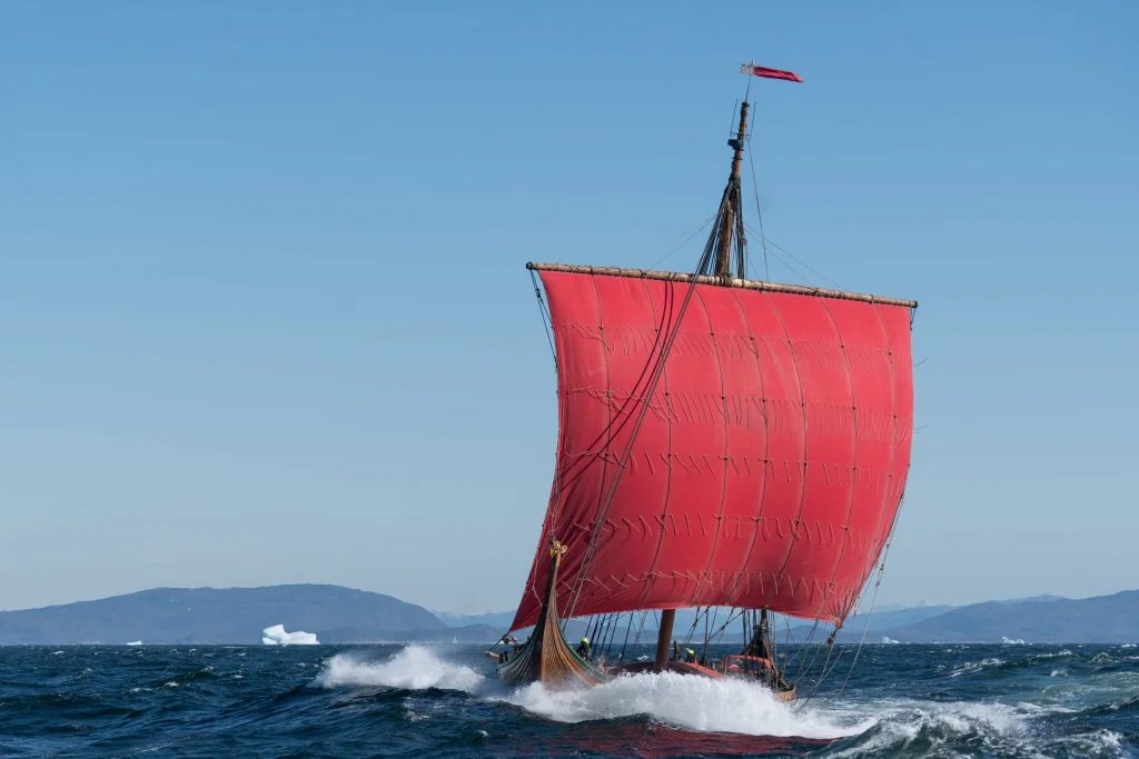 The Norwegian Viking ship Draken Harald Hårfagre sailing outside Greenland.