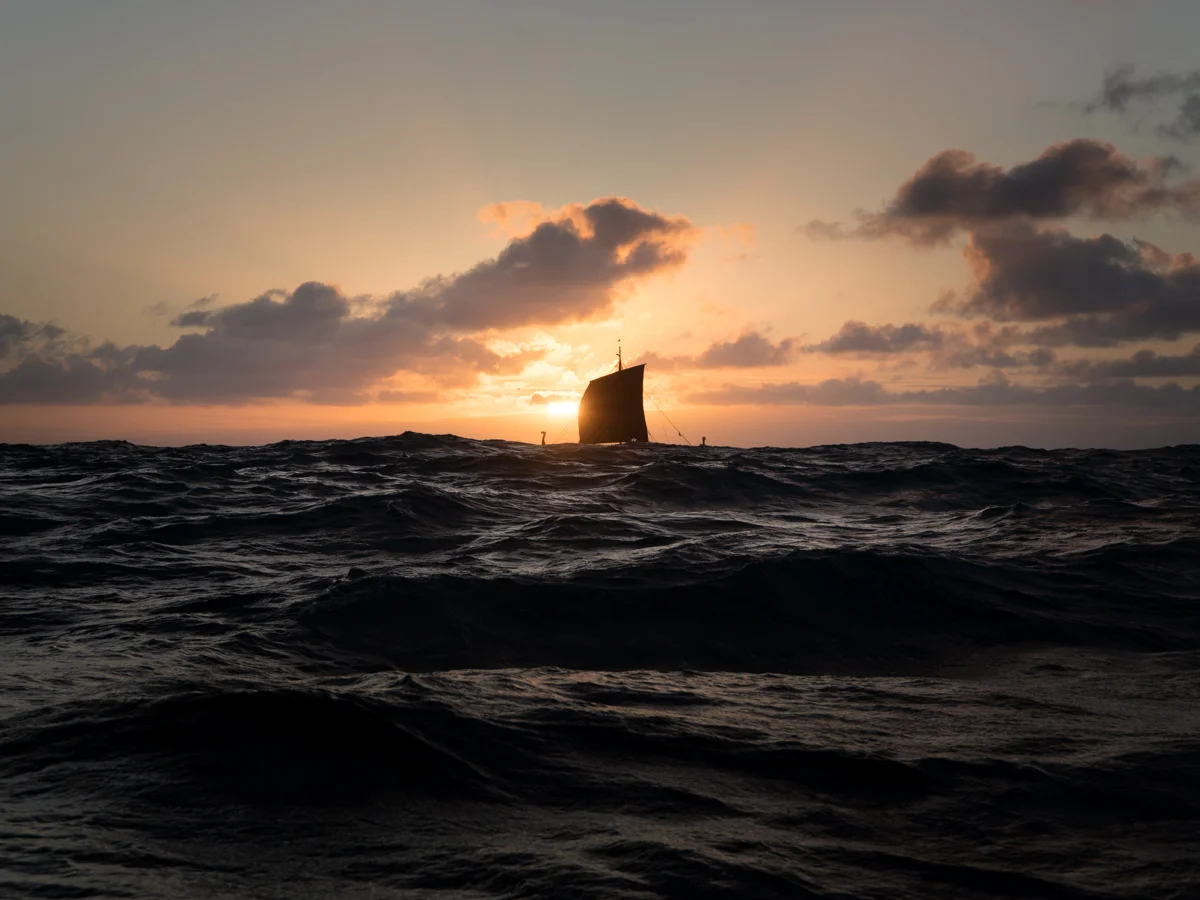 Draken sailing in the sunset, somewhere between Greenland and Newfoundland.