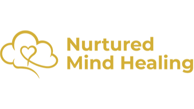 Logo with two overlapping clouds, one with a heart inside, and the text 'Nurtured Mind Healing' in gold.