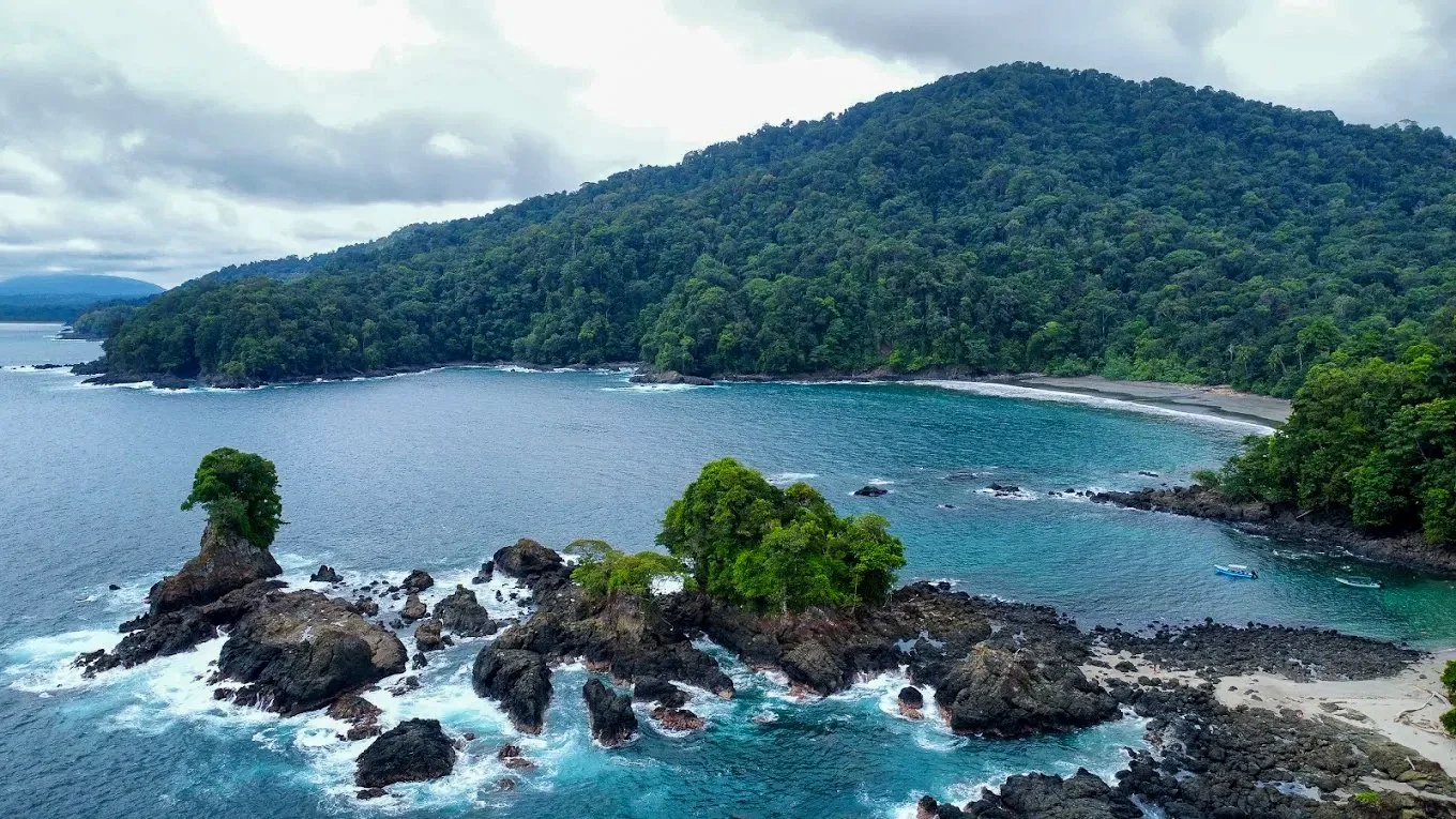A scenic view of a lush green island with rocky outcroppings and small trees, surrounded by blue ocean water, under a cloudy sky.