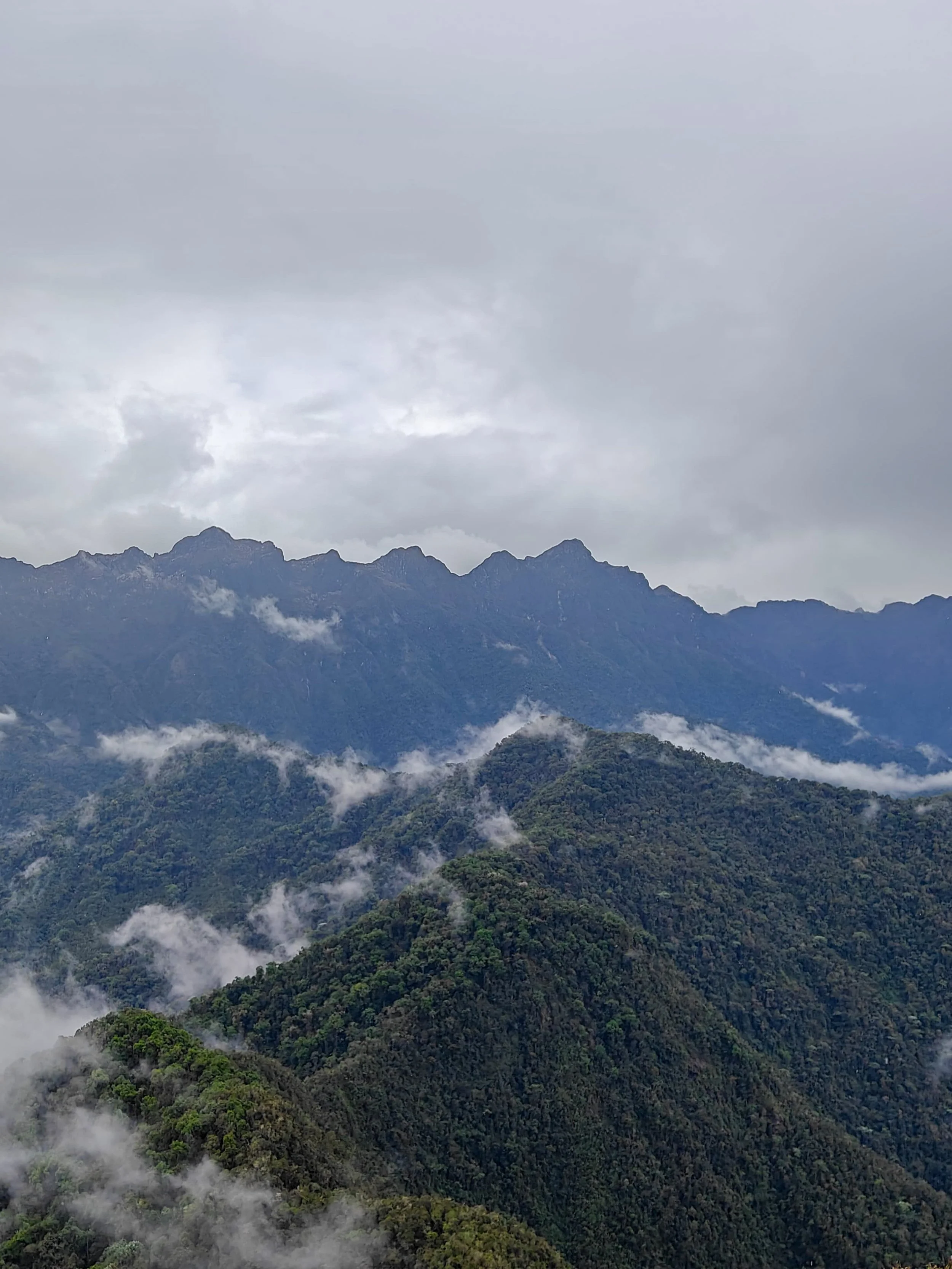 A mountain range with mist and clouds surrounding the peaks and slopes.