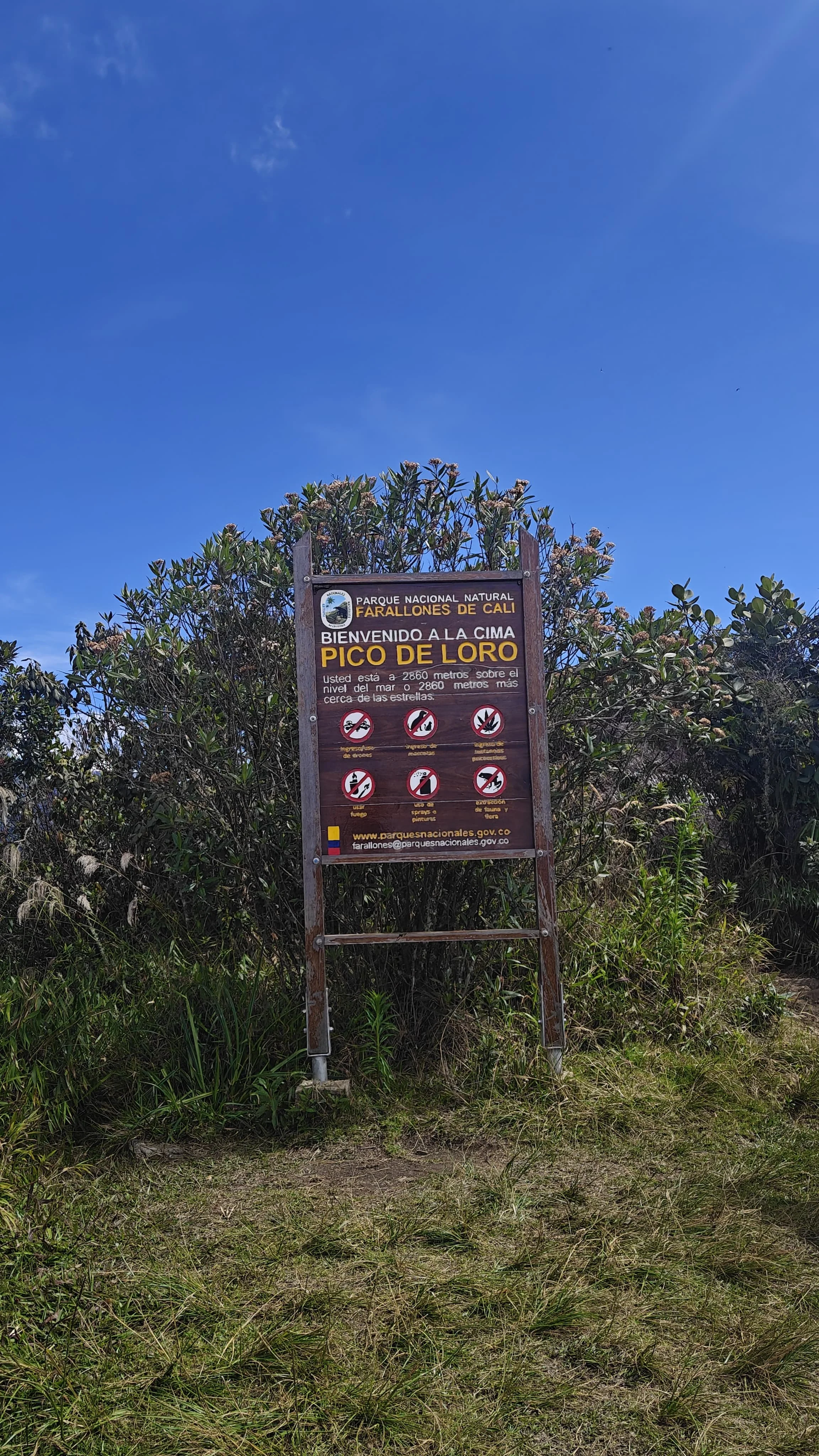 Sign at Pico de Loro in Colombia National Park with rules and information, surrounded by green bushes under a clear blue sky.