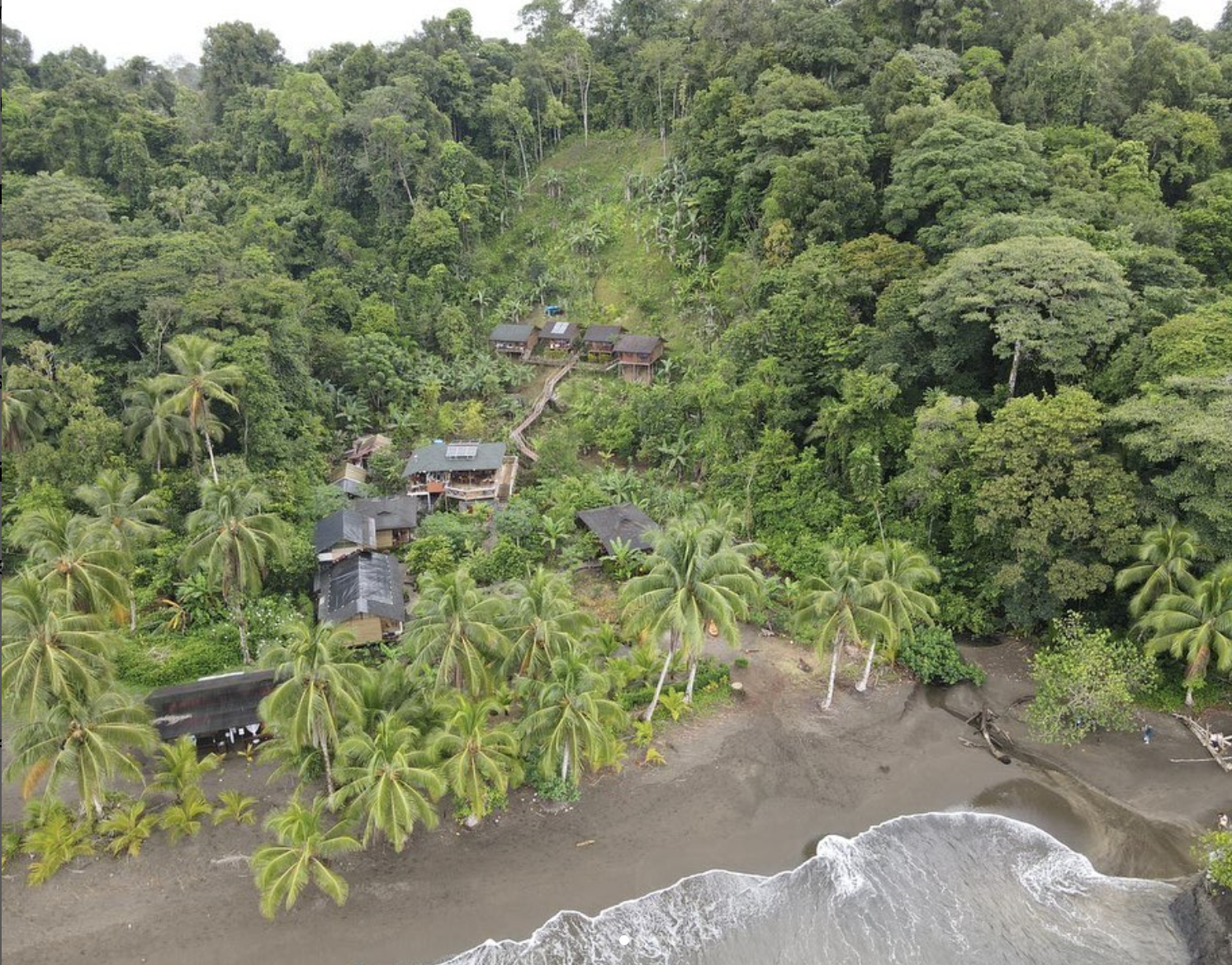 Aerial view of a tropical beach with palm trees and a small village of wooden houses along the shoreline, surrounded by dense green forest.