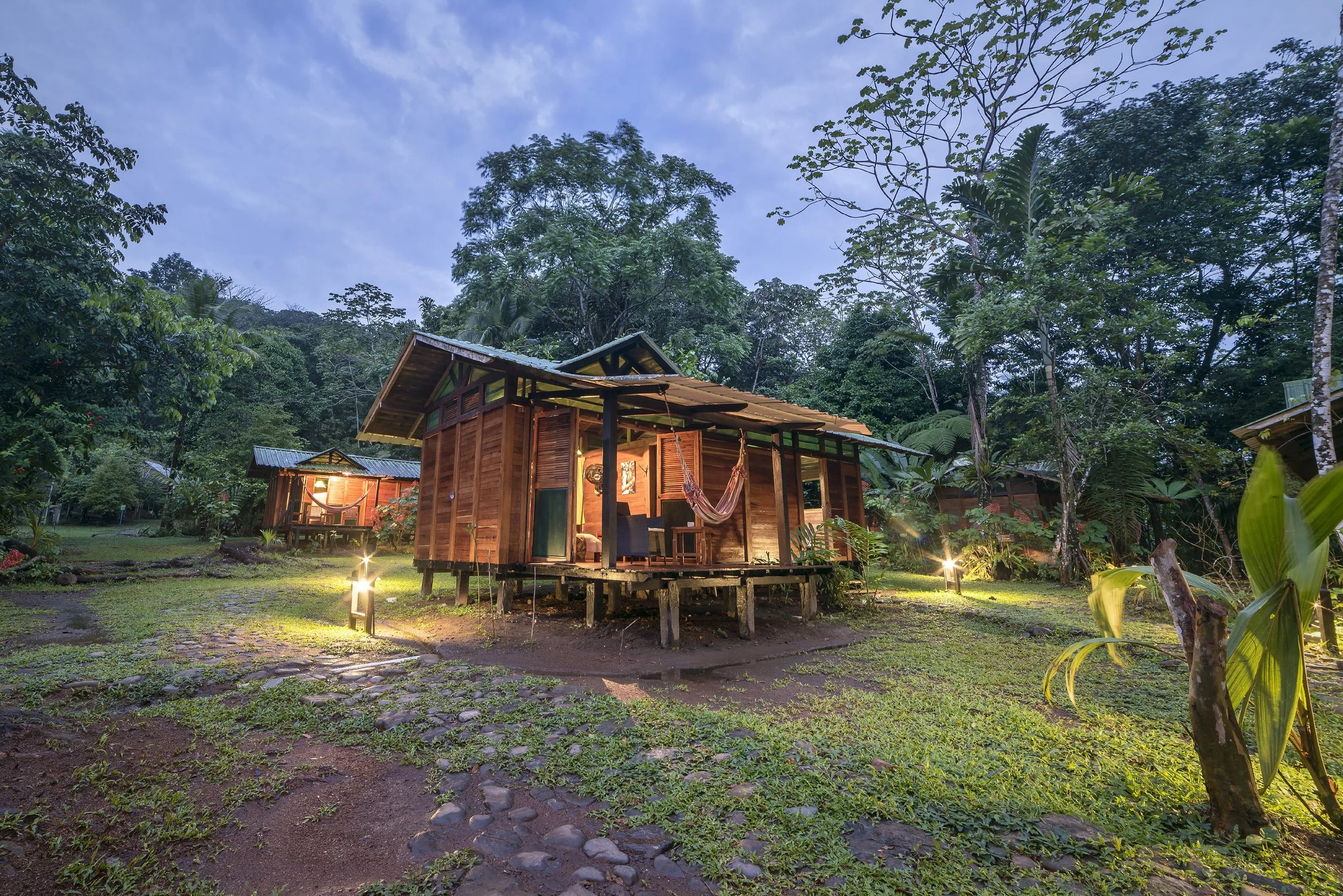 A wooden cabin with a green metal roof surrounded by lush tropical trees and plants, with a hammock hanging on the front porch.