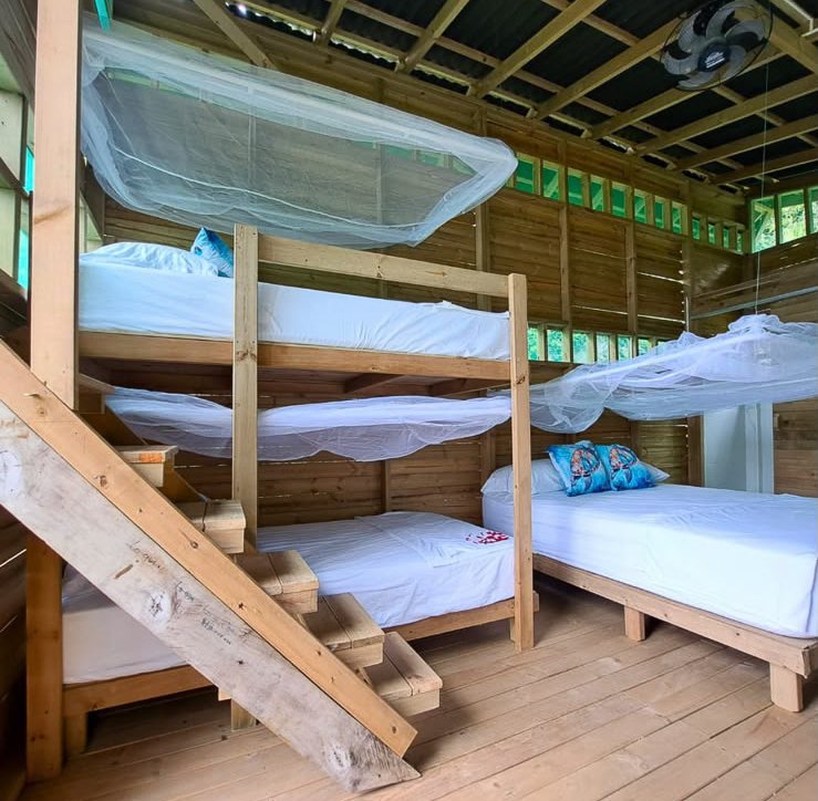 Interior of a wooden cabin with bunk beds and a large bed, mosquito nets above the beds, wooden stairs, and windows with greenery outside.