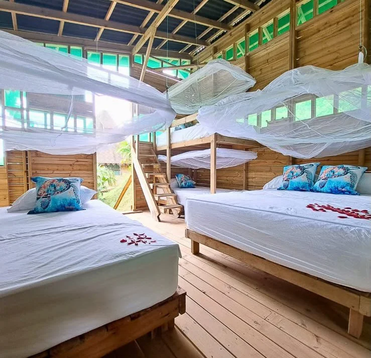 Three beds with mosquito nets in a wooden cabin, with pillows and red flower decorations on the beds, and stairs leading to a loft area.