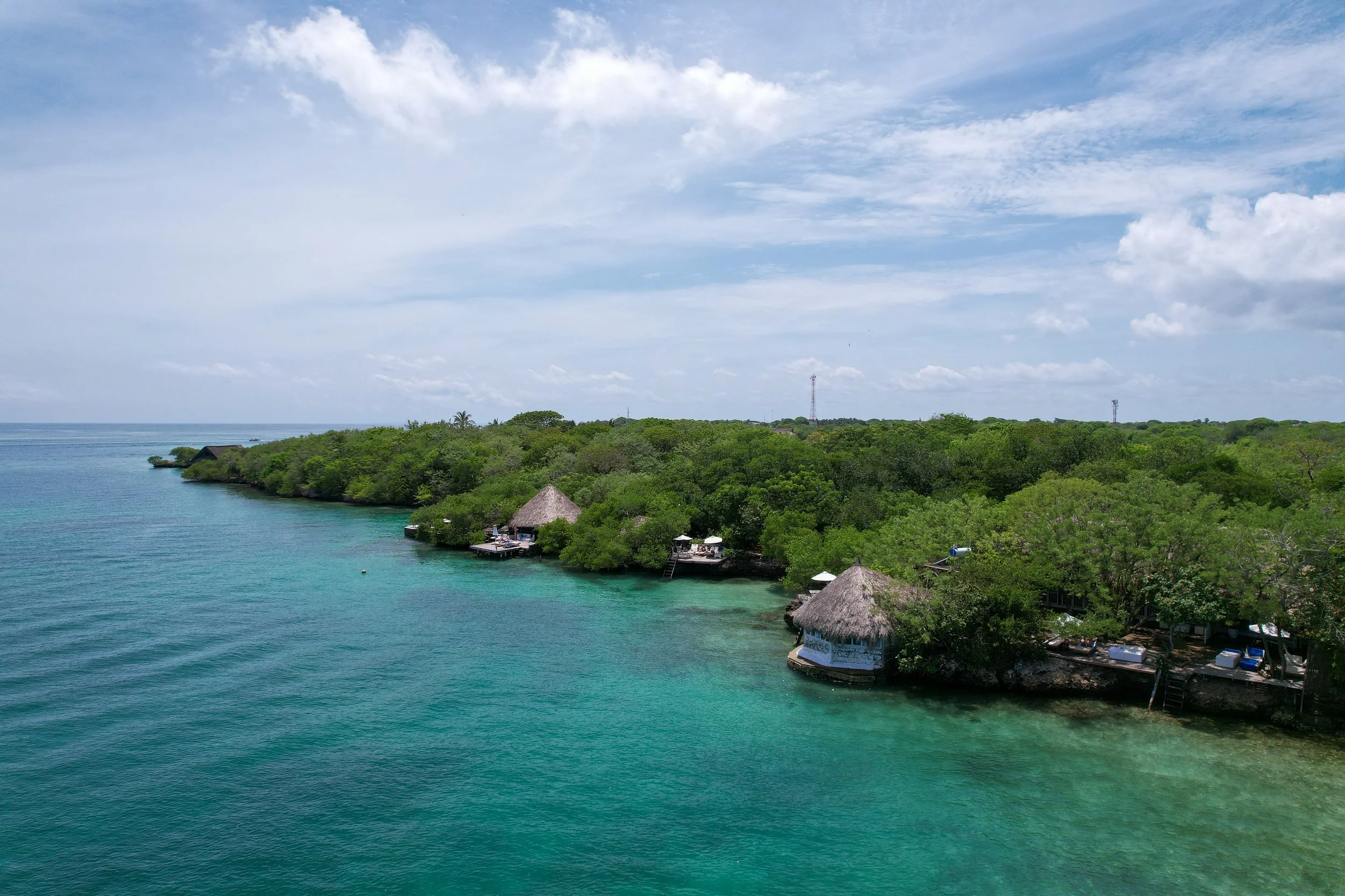 Aerial view of a tropical coastline with green trees, thatched roof huts near the water, and turquoise ocean waters under a partly cloudy sky.