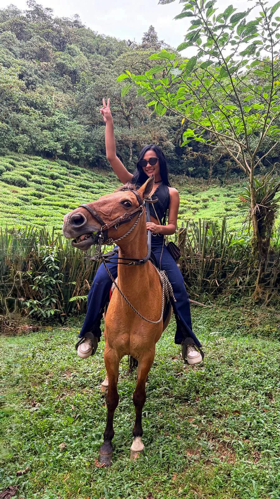 A woman with sunglasses, black top, and dark pants riding a brown horse in a lush green outdoor setting with trees and plants. The woman is smiling and making a peace sign with her right hand.
