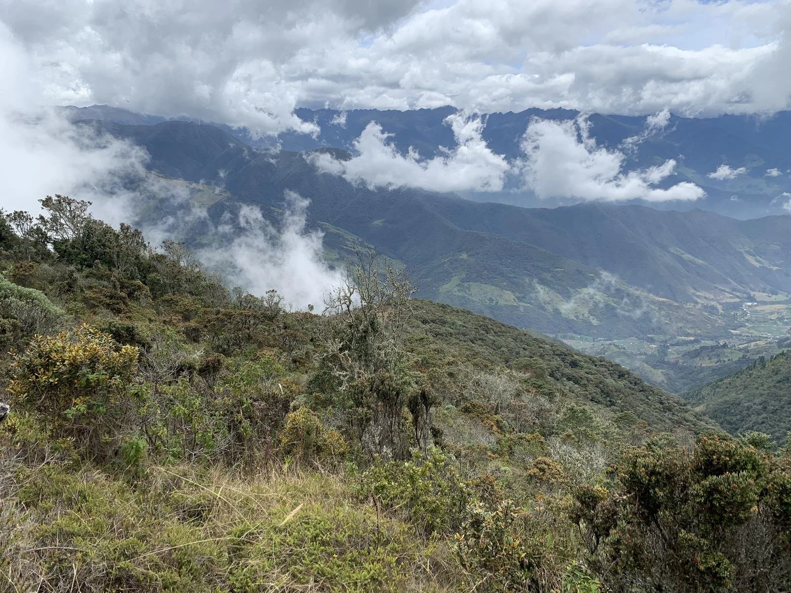 Cloudy mountain landscape with lush green hills and fog in the valleys