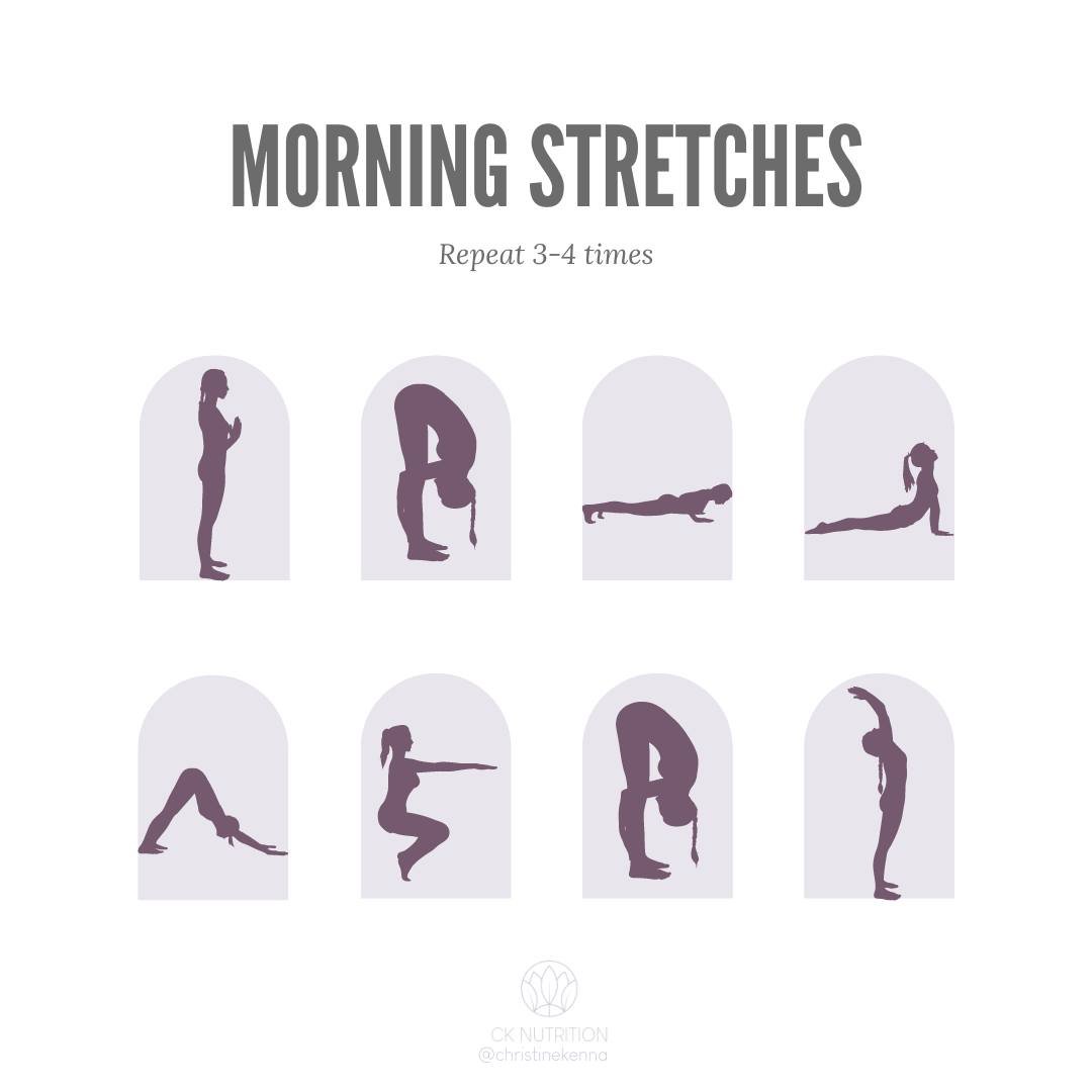 Adding morning stretches to your daily routine can effectively reduce stress, alleviate lower back pain, and enhance mobility. Moreover, it offers you a precious few minutes of personal time before diving into your day. 

Here's a suggested sequence 