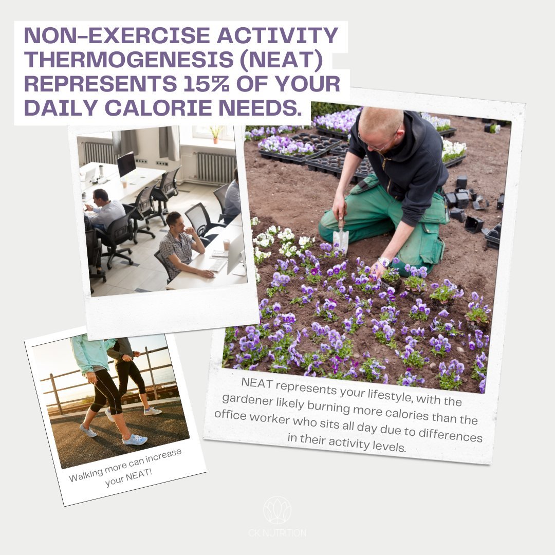 Non-Exercise Activity Thermogenesis (NEAT) makes up 15% of your daily calorie burn. It's all about those everyday movements - think fidgeting, walking, and taking the stairs. 

💼 Desk-bound? No problem. Get intentional about your activity. Consider 