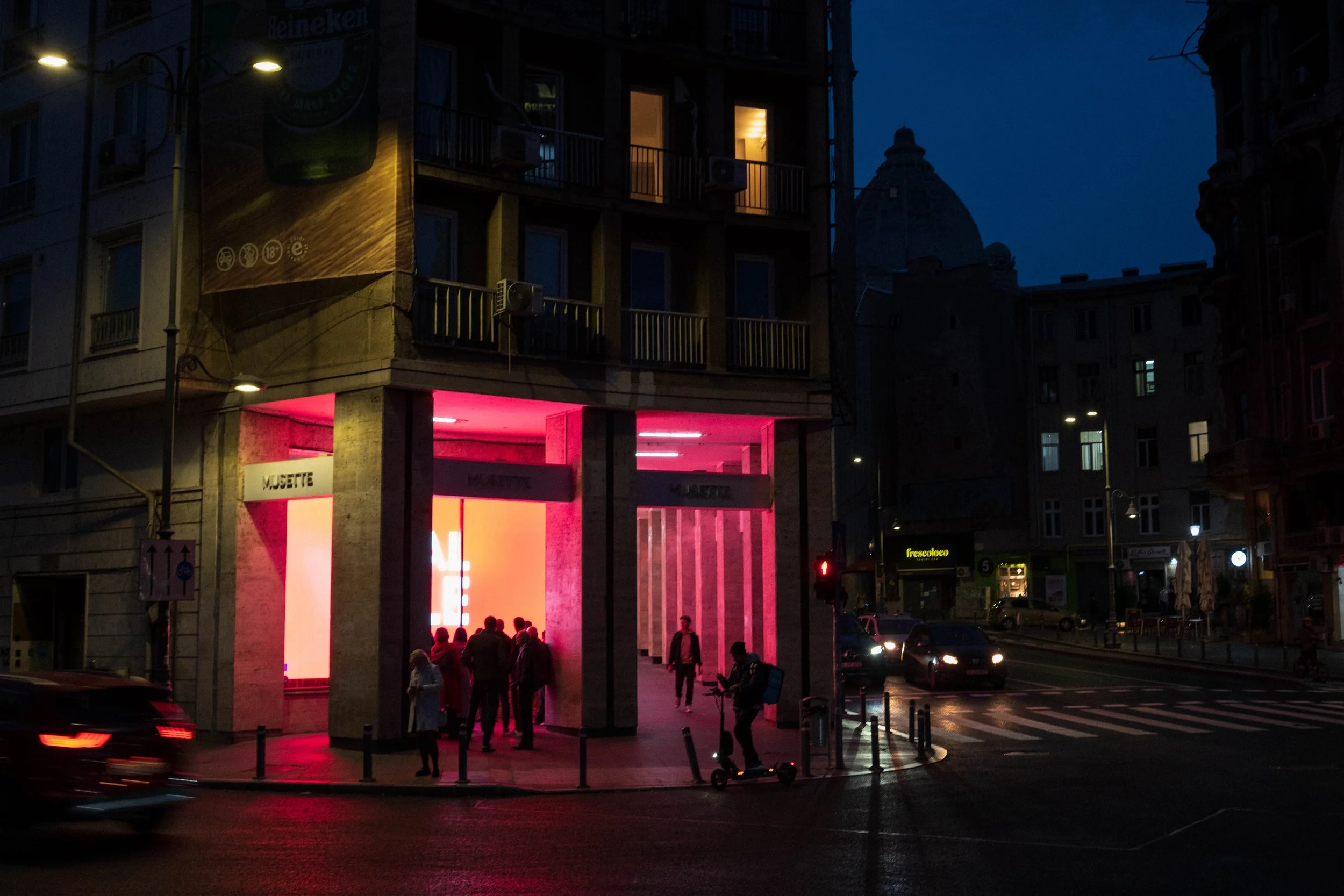Bucharest street photo, night scene on Victory Street.