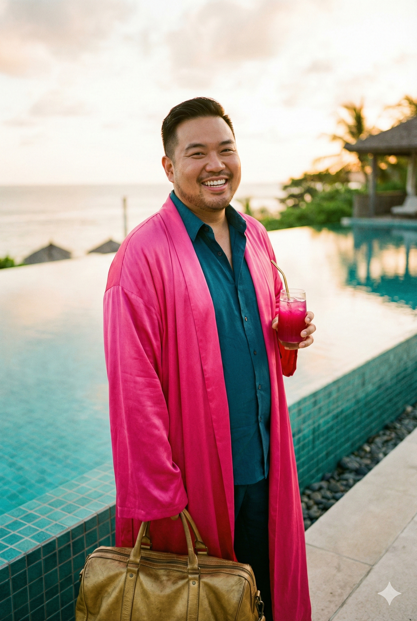 A man in a blue shirt and pink robe smiling while holding a pink drink with a straw and a brown bag, standing near a pool at sunset with ocean and tiki umbrellas in background.