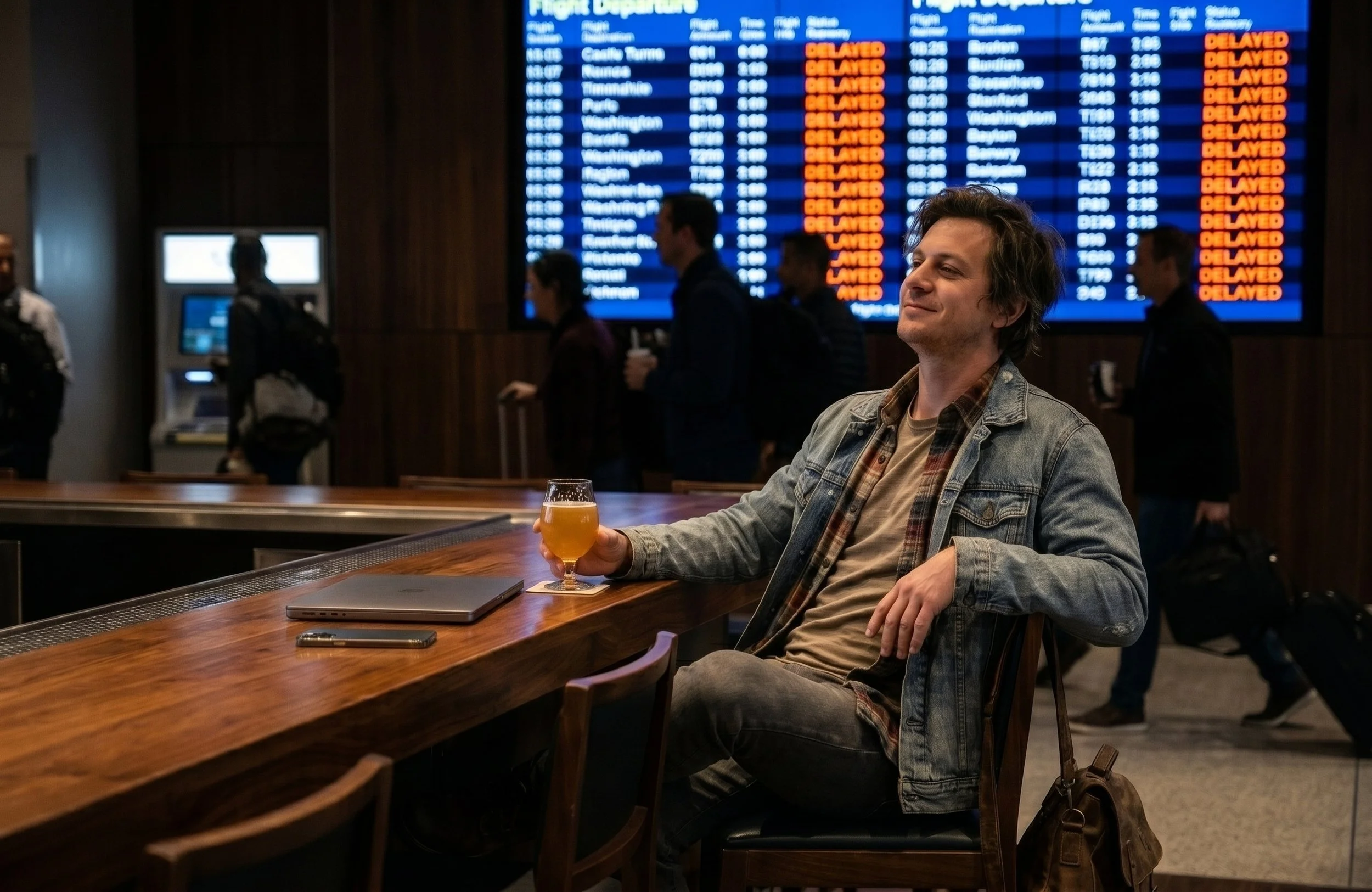 A relaxed traveler in a denim jacket sits at an airport lounge bar with a closed laptop and a beer, completely unbothered while a blurred flight departure board shows delayed flights in the background.