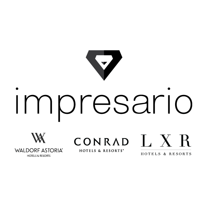Empresario hotel program logo in black on a white background with logos for Waldorf Astoria, Conrad, and LXR Hotels & Resorts.