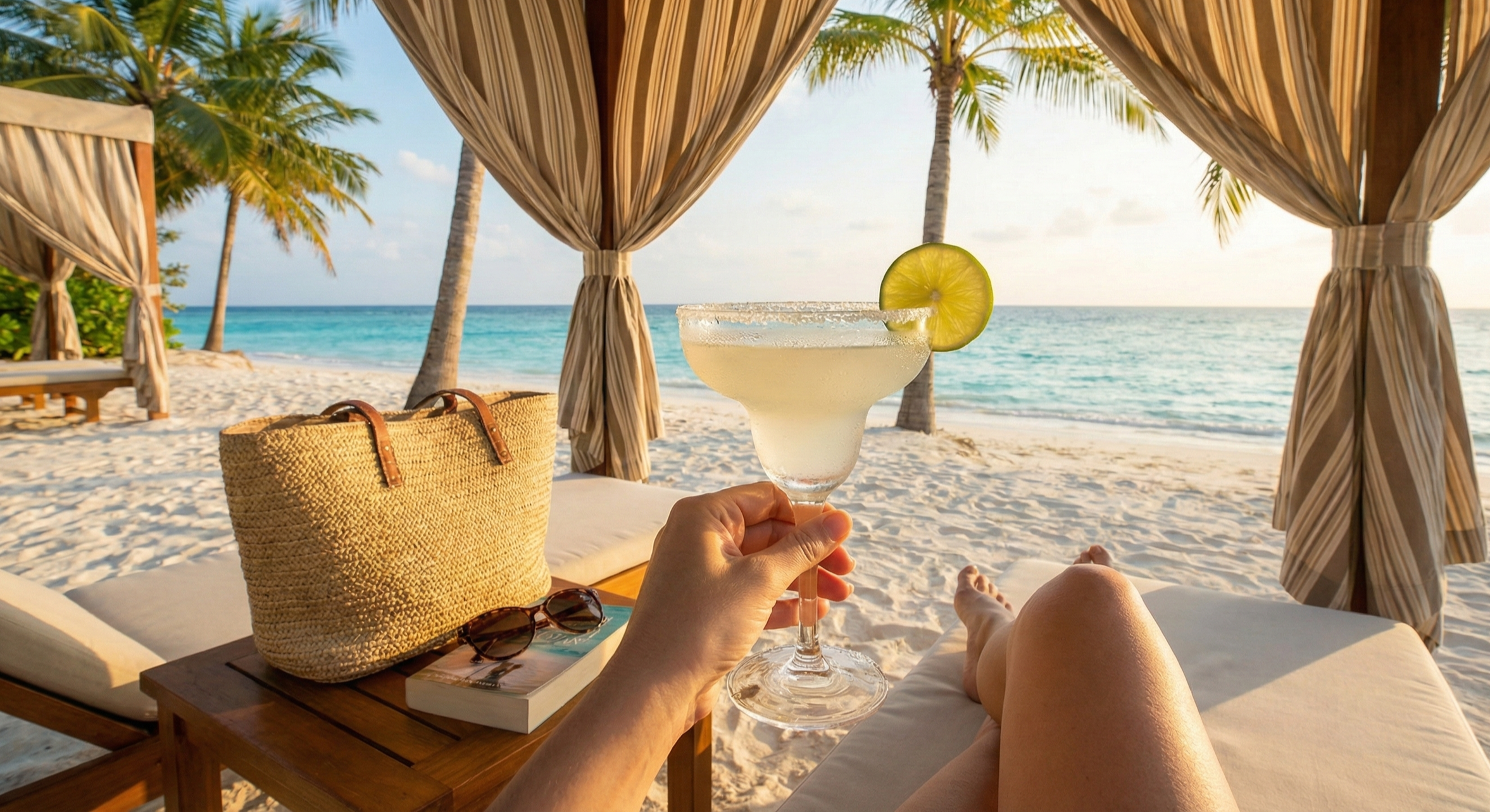 Point of view of a traveler relaxing on a beach lounge chair under palm trees, holding a margarita with a lime slice and looking out at the turquoise ocean, representing a winter escape from the Midwest.