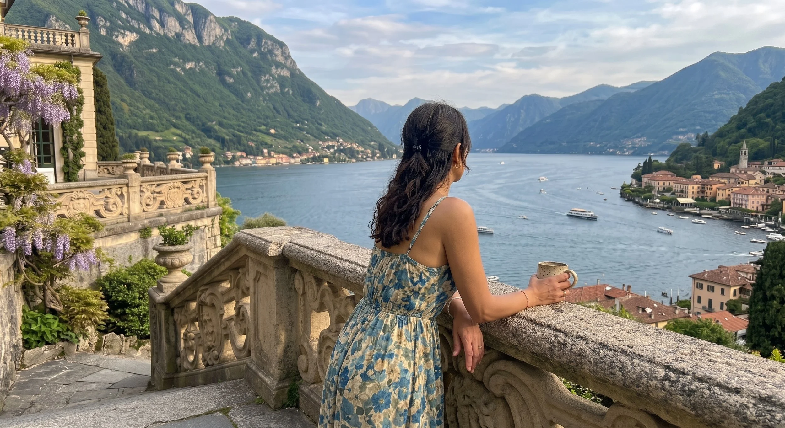 A traveler wearing a casual floral sundress stands on a stone terrace overlooking the stunning mountains and waterfront of Lake Como, Italy, holding a coffee mug.