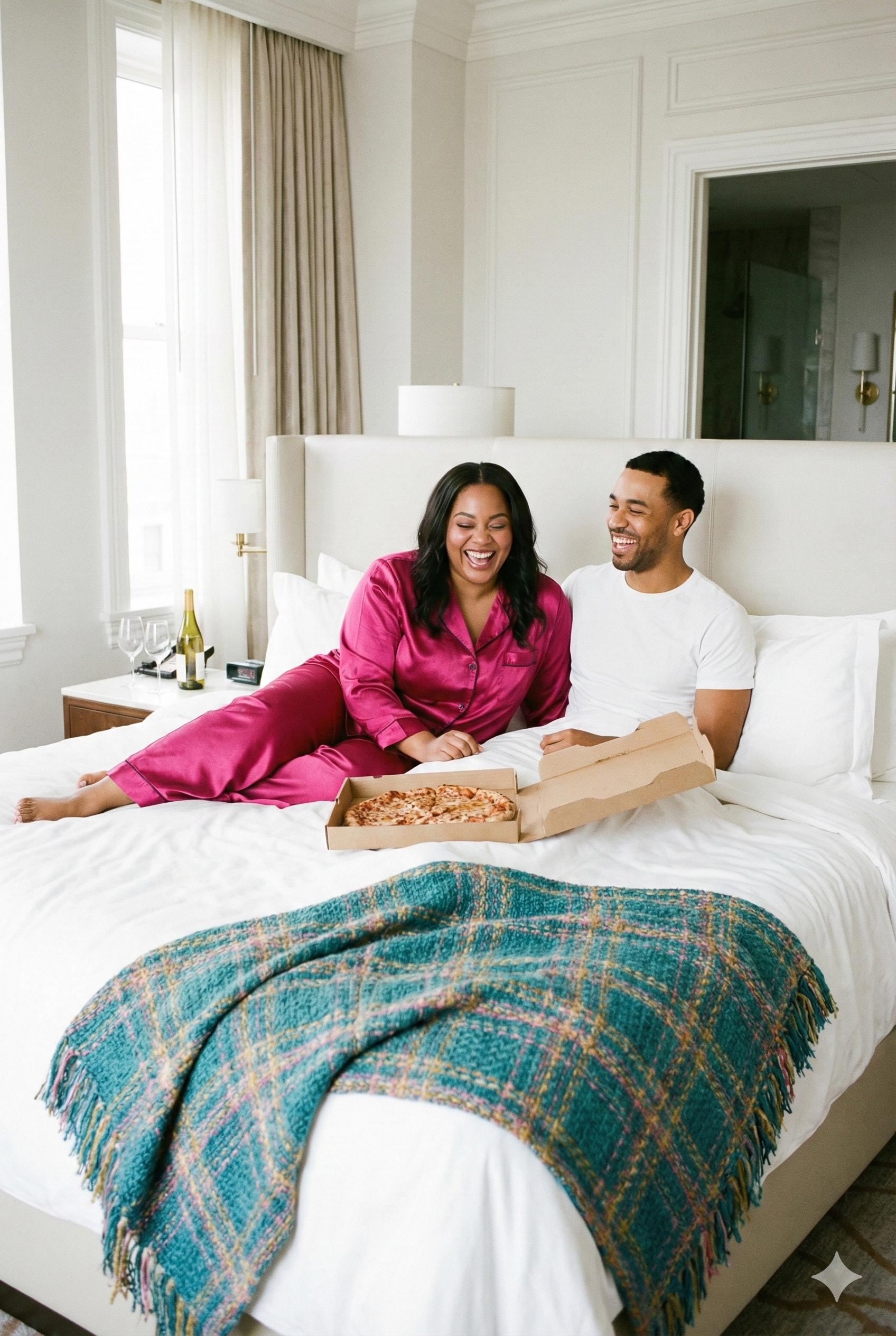 Couple laughing and smiling on a bed with a pizza box open in front of them, in a bright, modern bedroom with beige curtains and white walls.