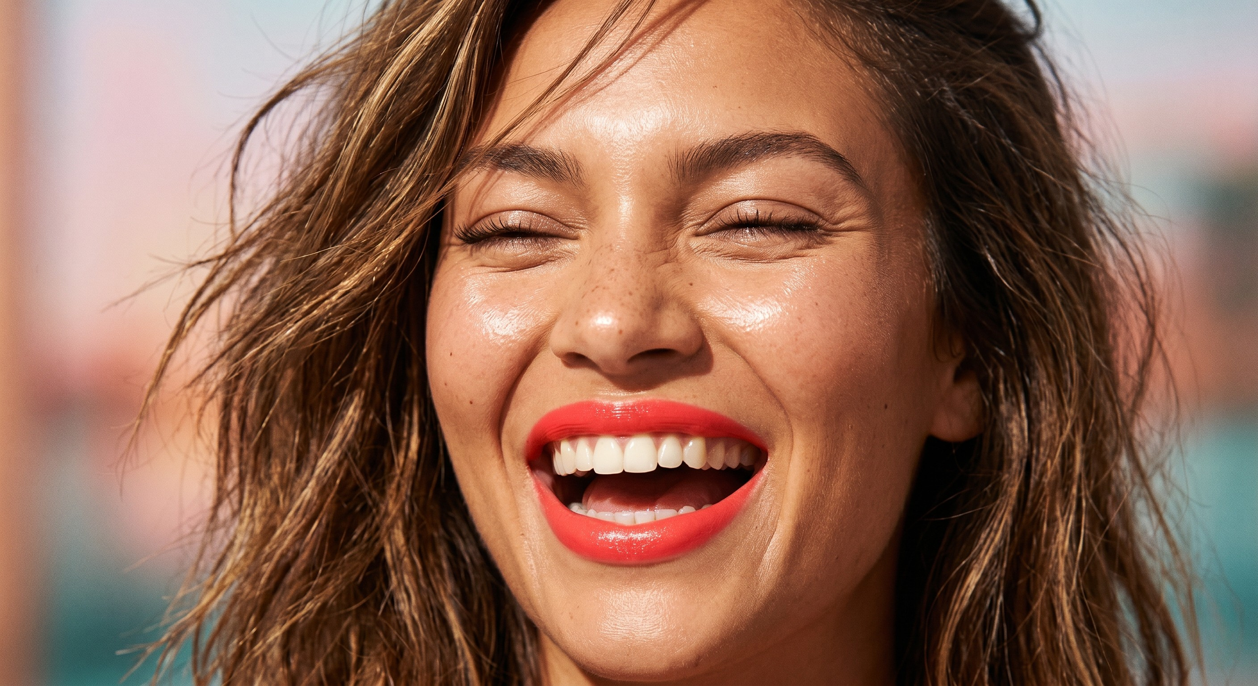 Close-up of a woman smiling broadly with squinting eyes, showing her teeth, with slightly wet, curly hair, and wearing bright red lipstick.