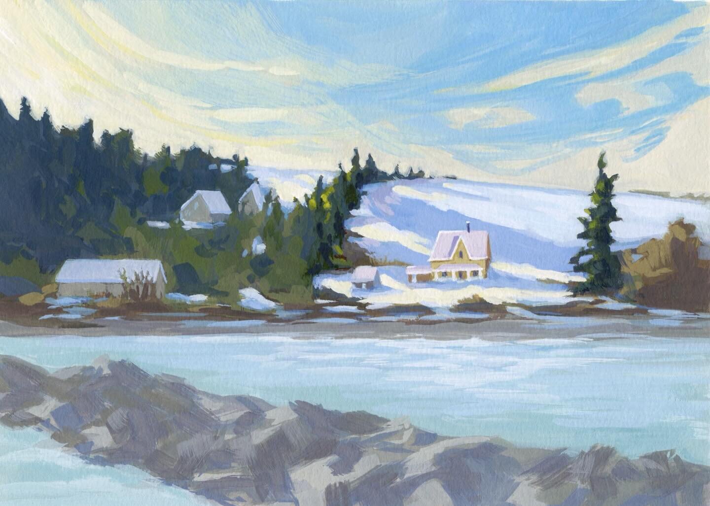 The last snow scene of the year! This is the view when looking across the breakwater by the beach. Houses and barns are scattered across the winter hillside. This gothic house charms with its sharp peaks and simple silhouette. 

Wouldn&rsquo;t it be 