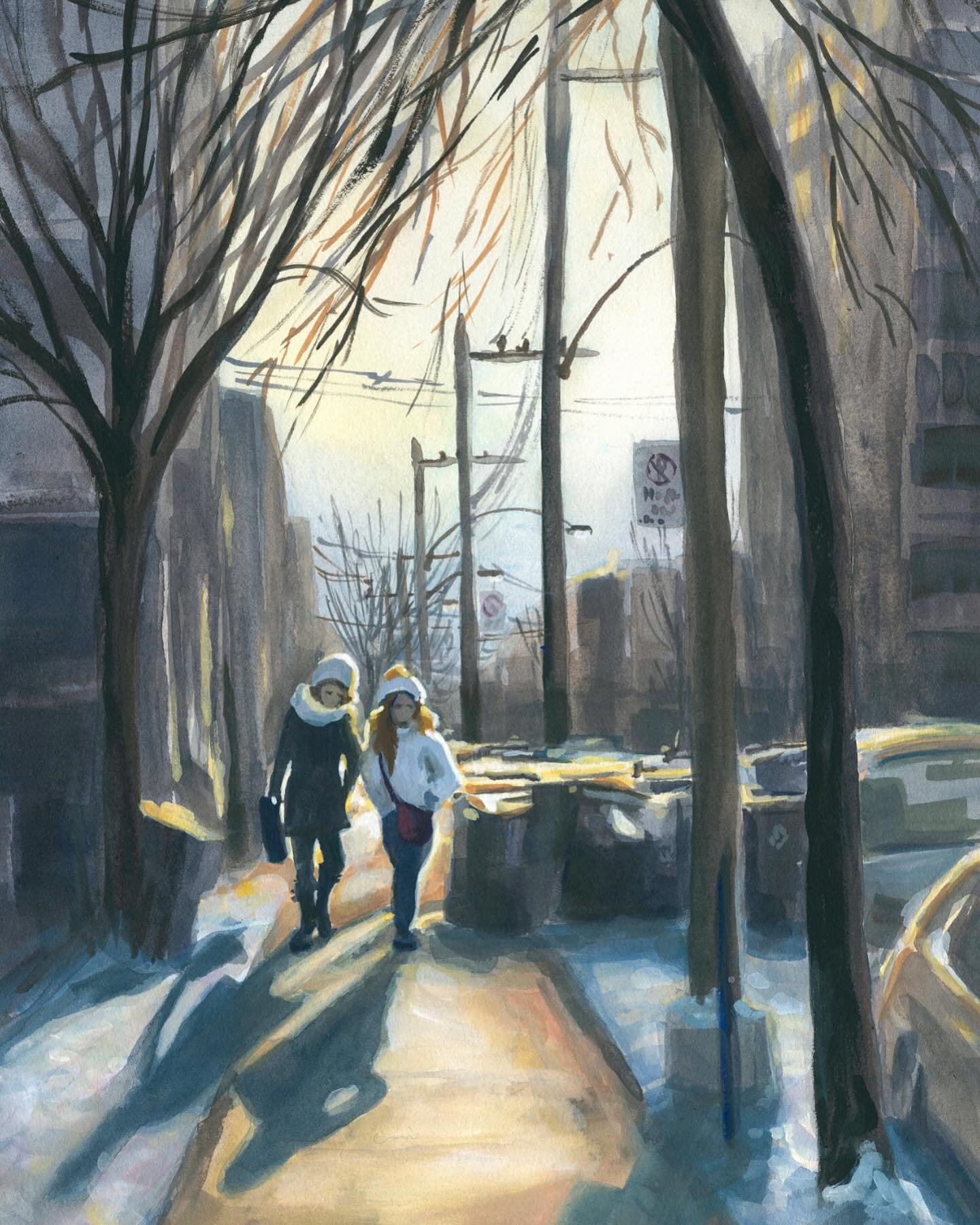 I remember how the late afternoon sunlight bathed the street in a golden glow. These two women walking home together at the end of the day was such a wonderful moment, I just had to capture it in a painting. 💛

I often wonder who they were, what the