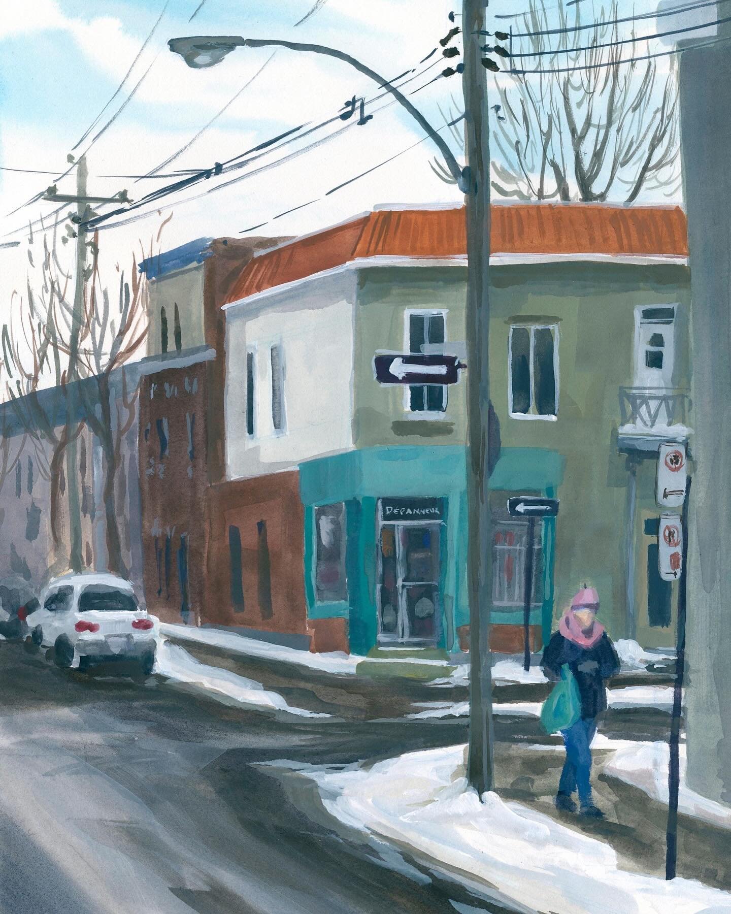 A classic sight on many Montr&eacute;al street corners: the d&eacute;panneur &ndash; corner store &ndash; where last-minute or forgotten items can be picked up. 🤗

Picking up a few Things (D&eacute;panneur). Gouache on watercolour paper.

👉 This is
