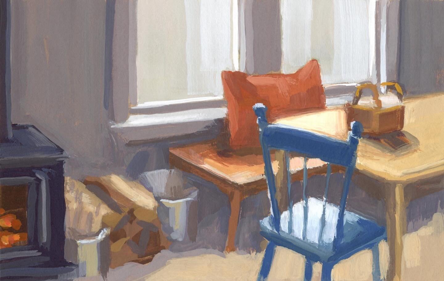 I love creating paintings of everyday scenes around the house. This is the dining room on an overcast morning. The wood stove was crackling brightly. 

This painting was made using just a few tools and a simple process that I shared on the blog along