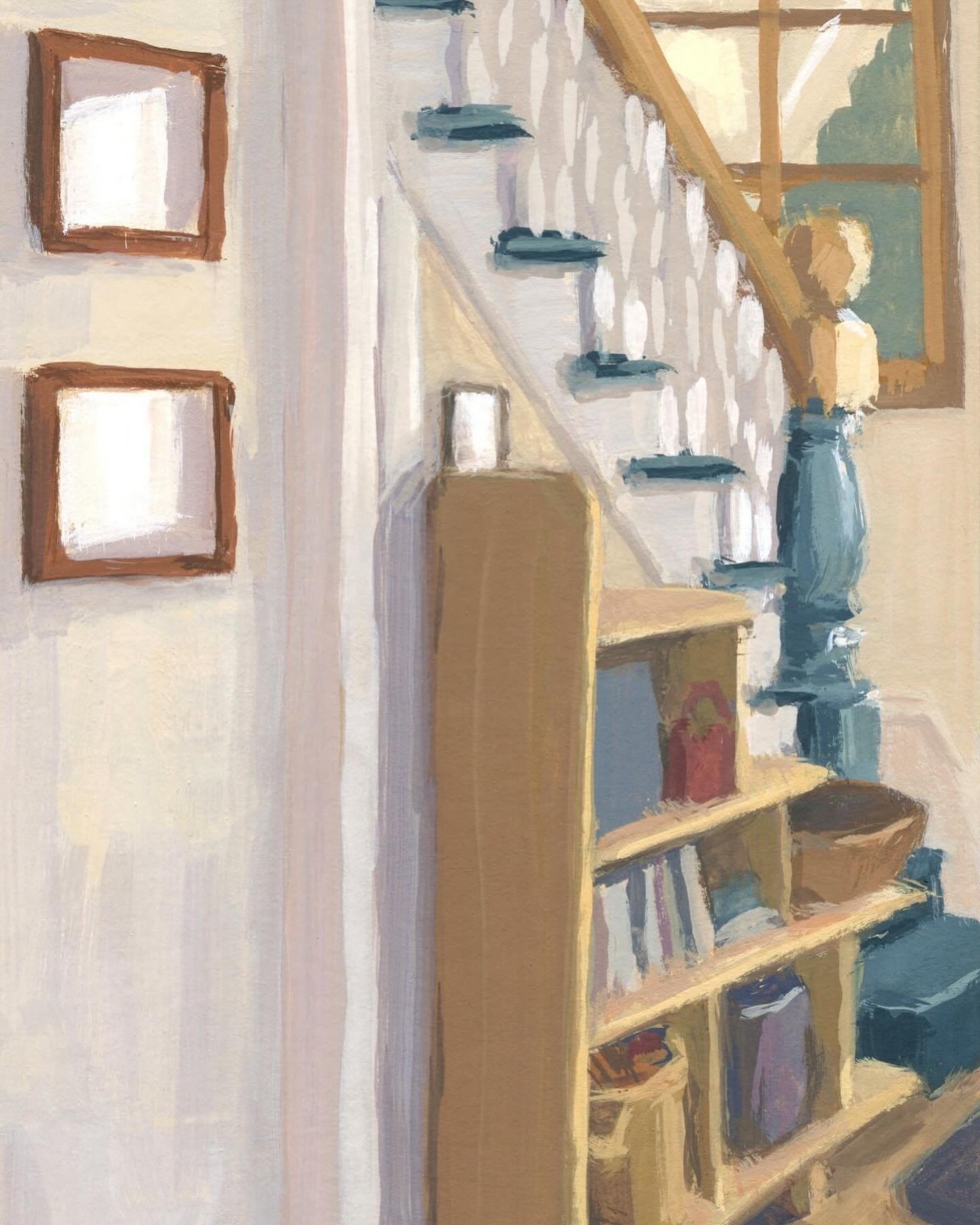 The previous owners made this simple custom shelf to fit below the stairs. It&rsquo;s perfect for baskets of scarves, books, and things you grab before heading out the door! 🧣✨

🎨 This painting was made using just a few tools and a simple process t