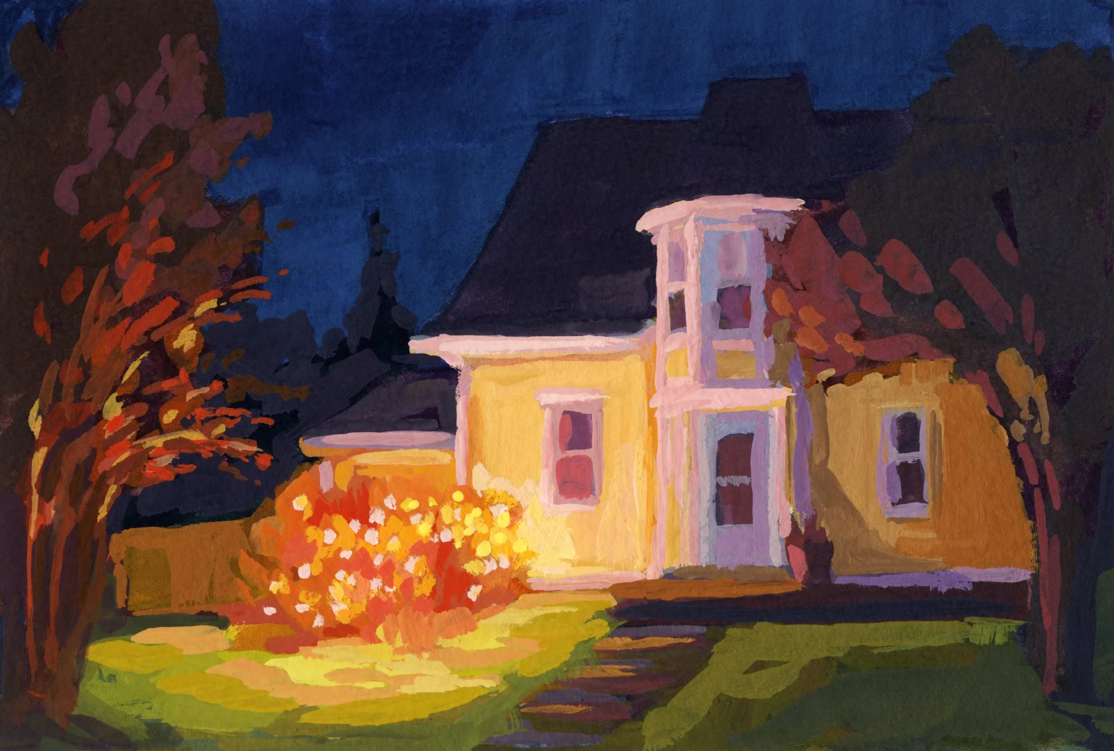 Festive Glow, Petite Rivière. Gouache on paper.