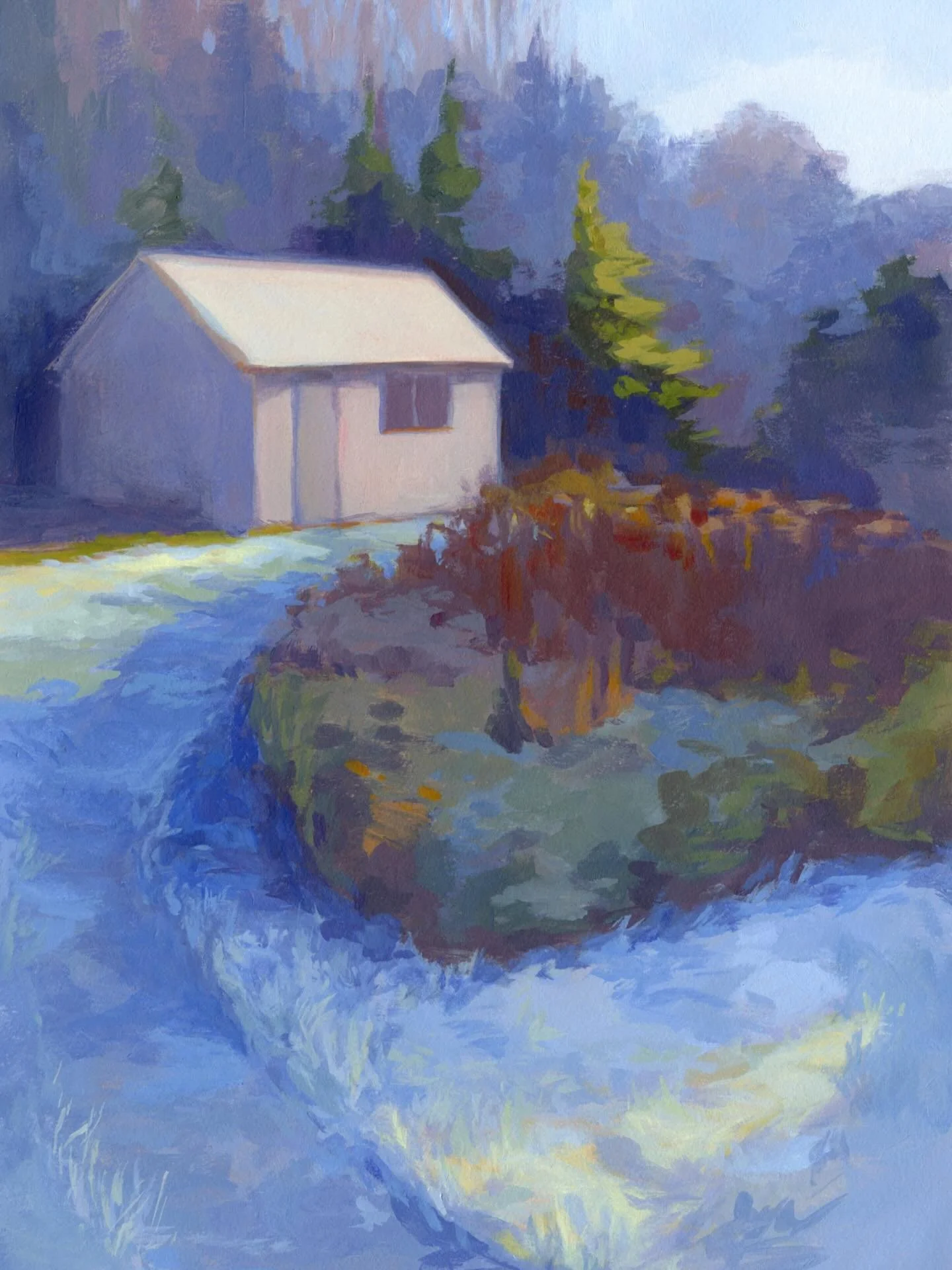Frosted Gardens is a painting of my own garden in the fall after an early morning frost. 💙 This morning&rsquo;s crisp breeze and calls of blue jays are a reminder that fall is around the corner. In this painting, the trees are bare, the gardens comp