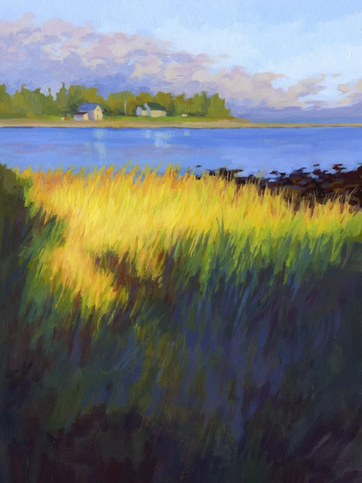This painting captures the last pool of sunlight at the very end of the afternoon. It shone on these coastal grasses, and on the old fish shacks across the Cove. A few moments later, it dipped below the tree line and dusk began to settle in. ☀️💙

Co