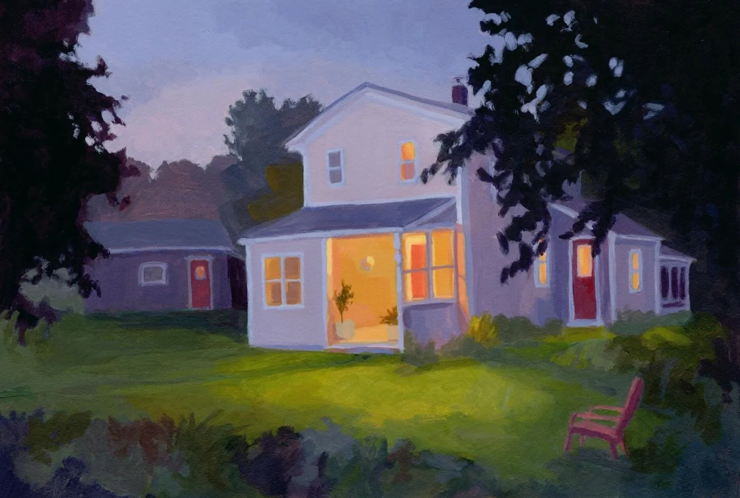 This house belongs to a dear friend of mine. It is always well-kept and looks so inviting. I loved the brilliant orange glow of the porch light with the red door, the lit windows, some with curtains&hellip; and the lush surrounding gardens and foliag