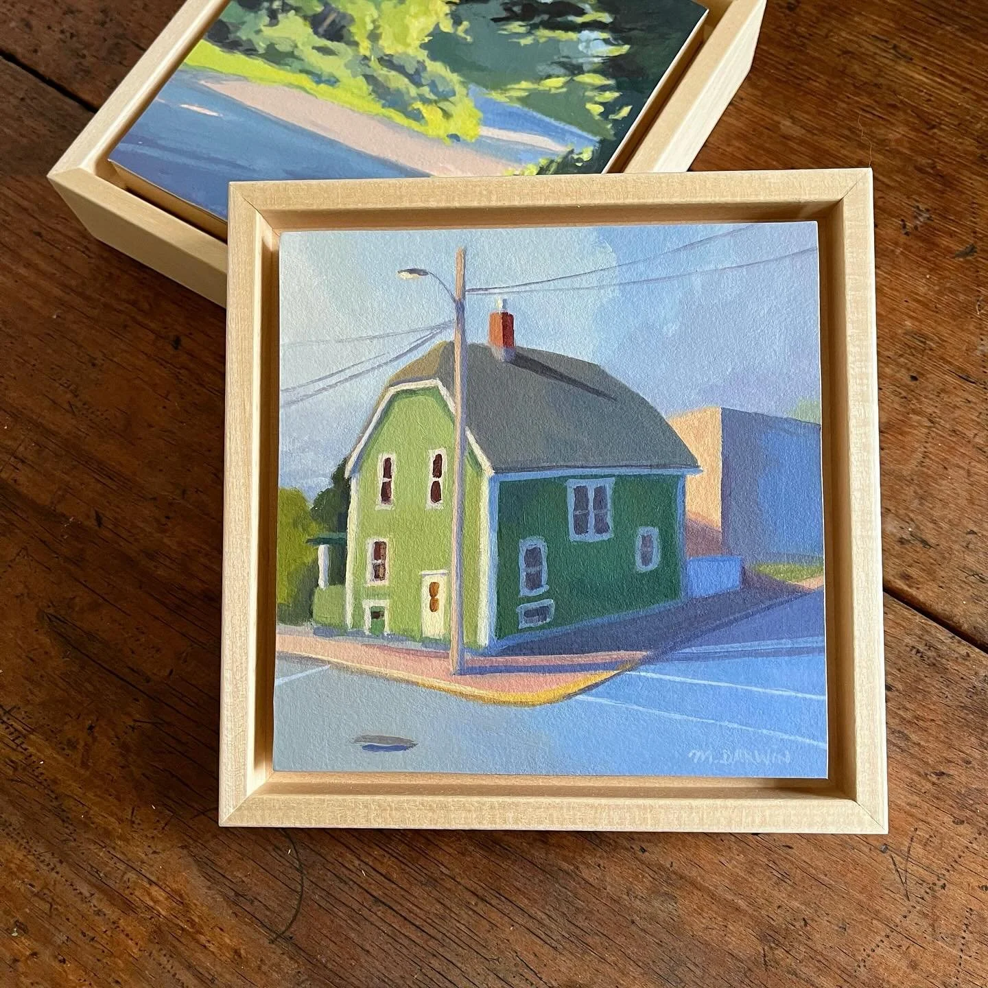 These little paintings can be hung in a special spot, tucked into a corner, or grouped together for a gallery wall look. This is a house I often walk by on my way to @galleryonlincoln in Lunenburg. I loved the two shades of green in light vs shadow ☀