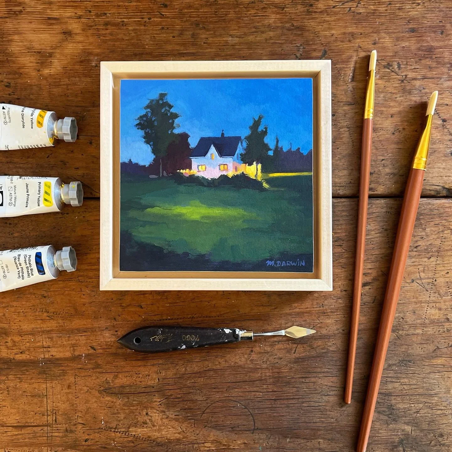 This little nocturne painting captures an old gothic house, late on a warm summer evening, all lit up for the night here in Broad Cove, Nova Scotia. 🥰

Having a Party
The Miniatures Collection
6x6&rdquo; acrylic on panel with a blond wood floater fr