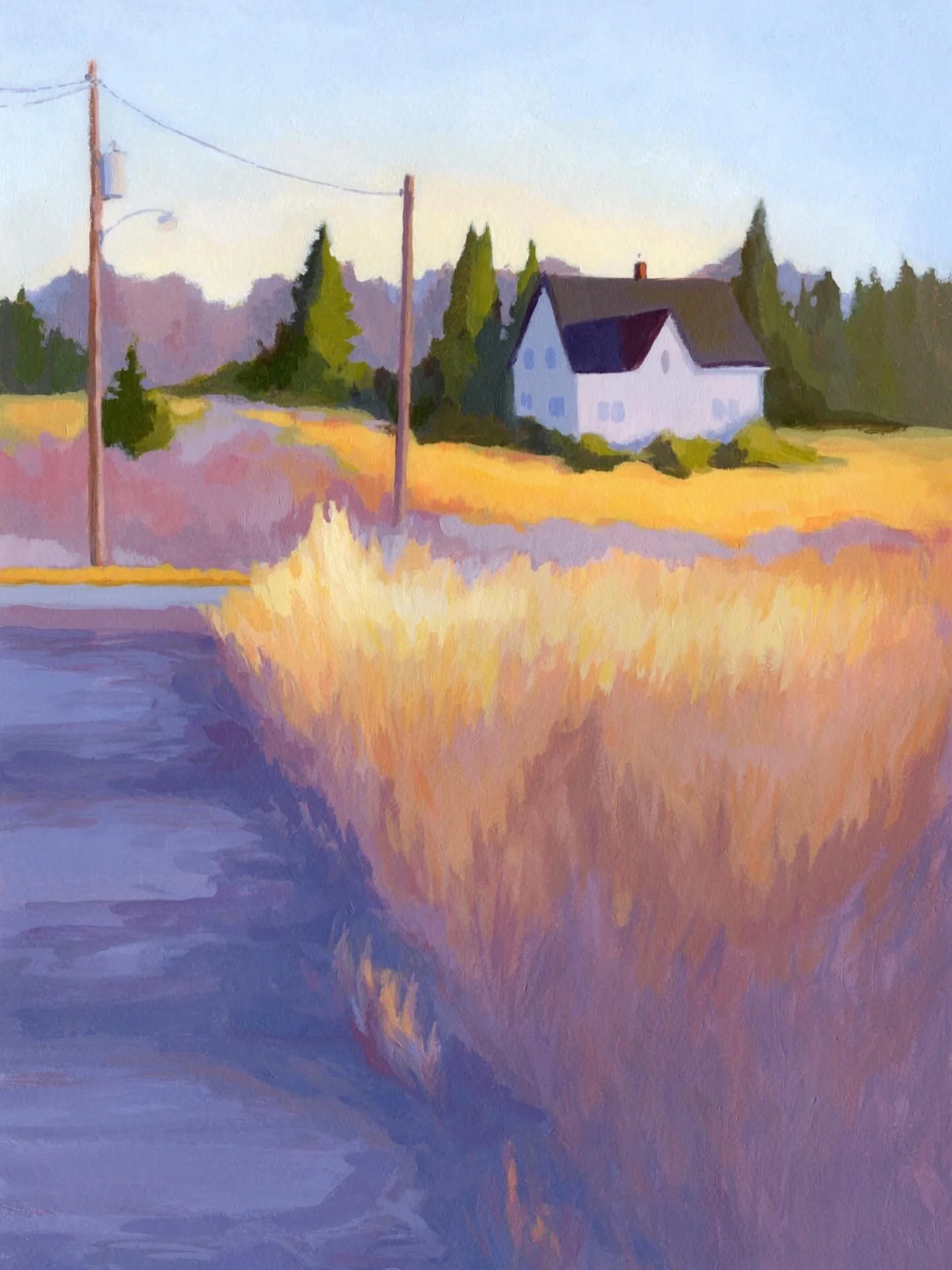 This slightly surreal painting shows one of my favourite subjects to paint here in Broad Cove &ndash; this little gothic house by the beach. Here, the sun lit up the fall grasses into an extraordinary range of colours in both light and illuminated sh