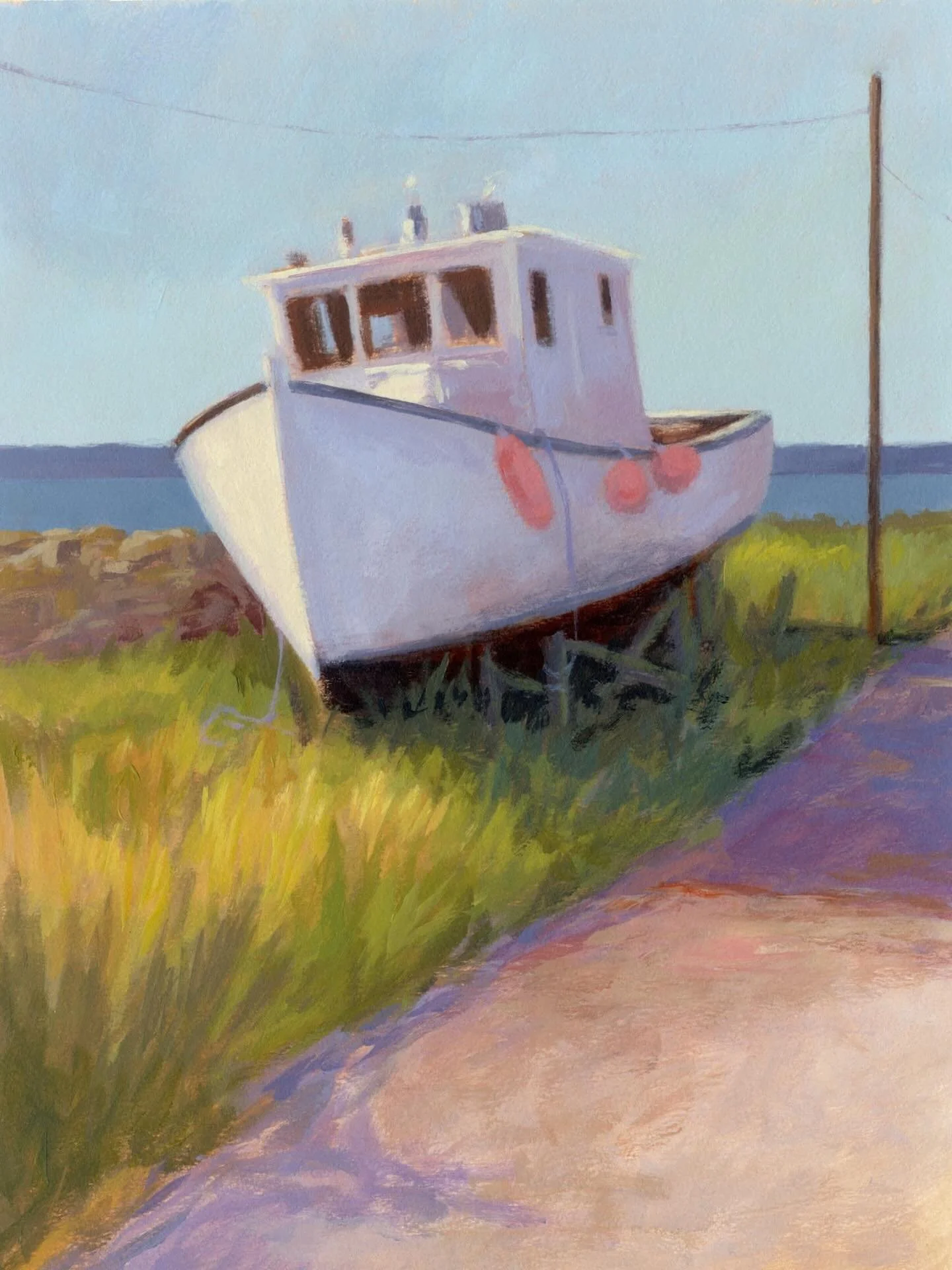 This fishing boat caught my eye down near Weymouth on the French Shore of Nova Scotia. It was raised on wooden supports and the dry summer weather made the grasses and gravel roadway quite striking in contrast to the boat on this parched, hot summer 