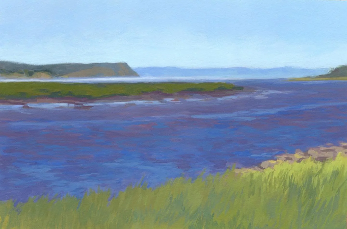 Another painting from my late summer road trip 🚗. This one is the view of the Blomidon cliff edge across the water of the Minas Basin. This was seen from the dyke walk in Wolfville (one of my absolute favourite spots!) 🥰

Fundy Blues
Songs of Grass