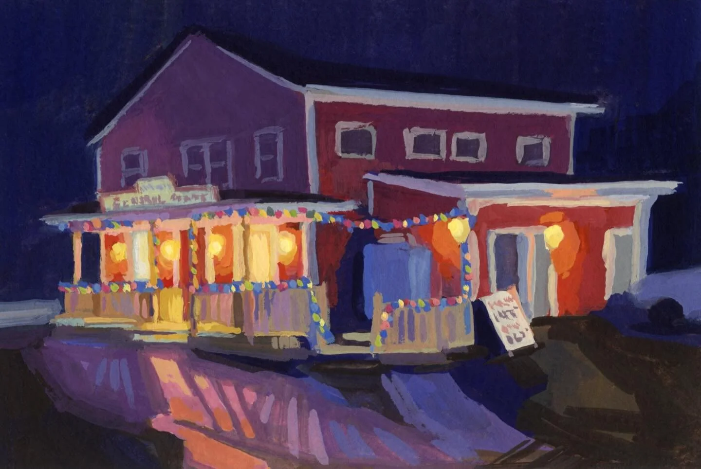 Everyone who lives in the area knows the Petite Rivi&egrave;re General Store. It&rsquo;s a community hub, and the nearby spot to get all your essentials. Here it is, lit up for the season. ☺️🎄✨

Gouache on watercolour paper.