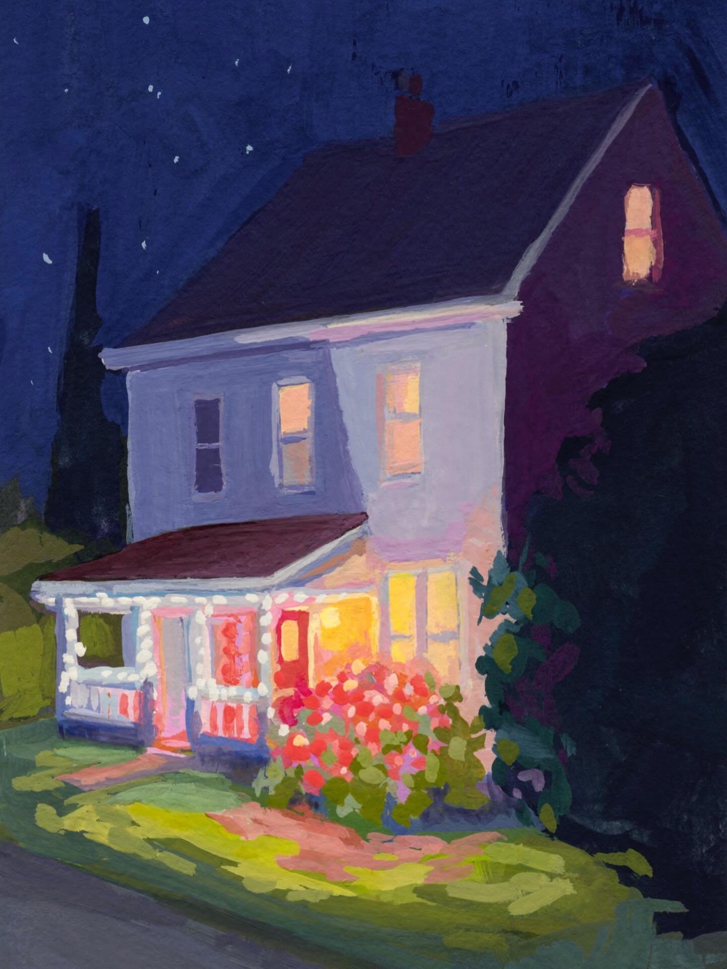 Festive lights in red and white&hellip; I drove by this house one clear, starry night&hellip; and just had to hop out for a picture of its cheerful holiday display. 

Wishing you a very happy holidays! 🤗

Gouache on watercolour paper.