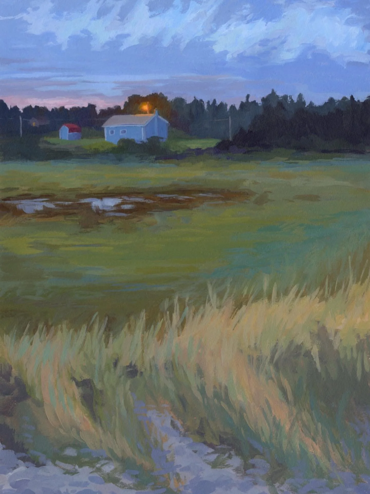 This painting shows the marsh that sits right next to a sweeping stretch of the Atlantic Ocean at Cherry Hill Beach. When you stand on the rocky beach and look over the marshland, you see a small house amongst the expanse of rippling grasses&hellip; 